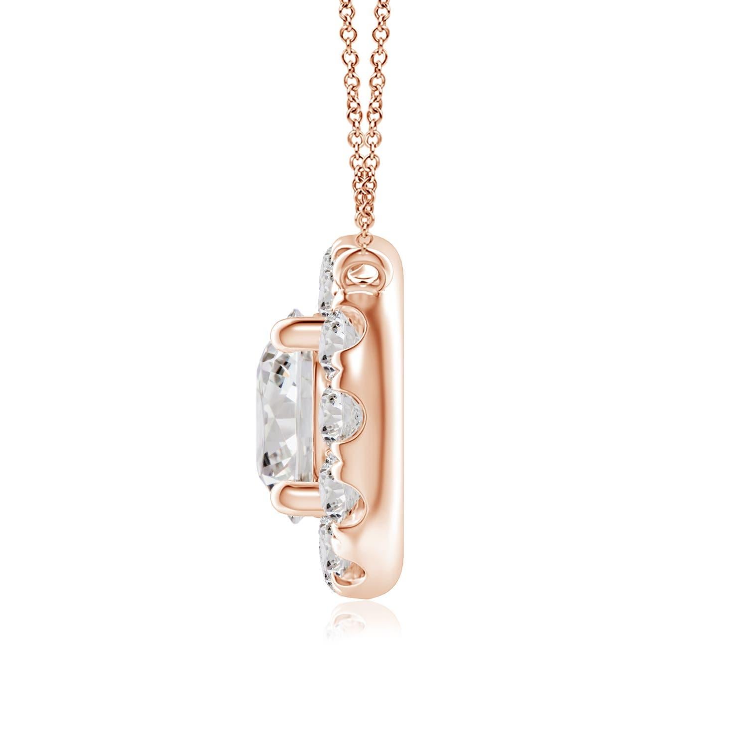 With a round diamond at the core and a halo encircling it, this diamond pendant necklace is a glittering marvel. It gives off the illusion of a sparkling star and looks extravagantly elegant. A 14K rose gold halo pendant necklace finished with