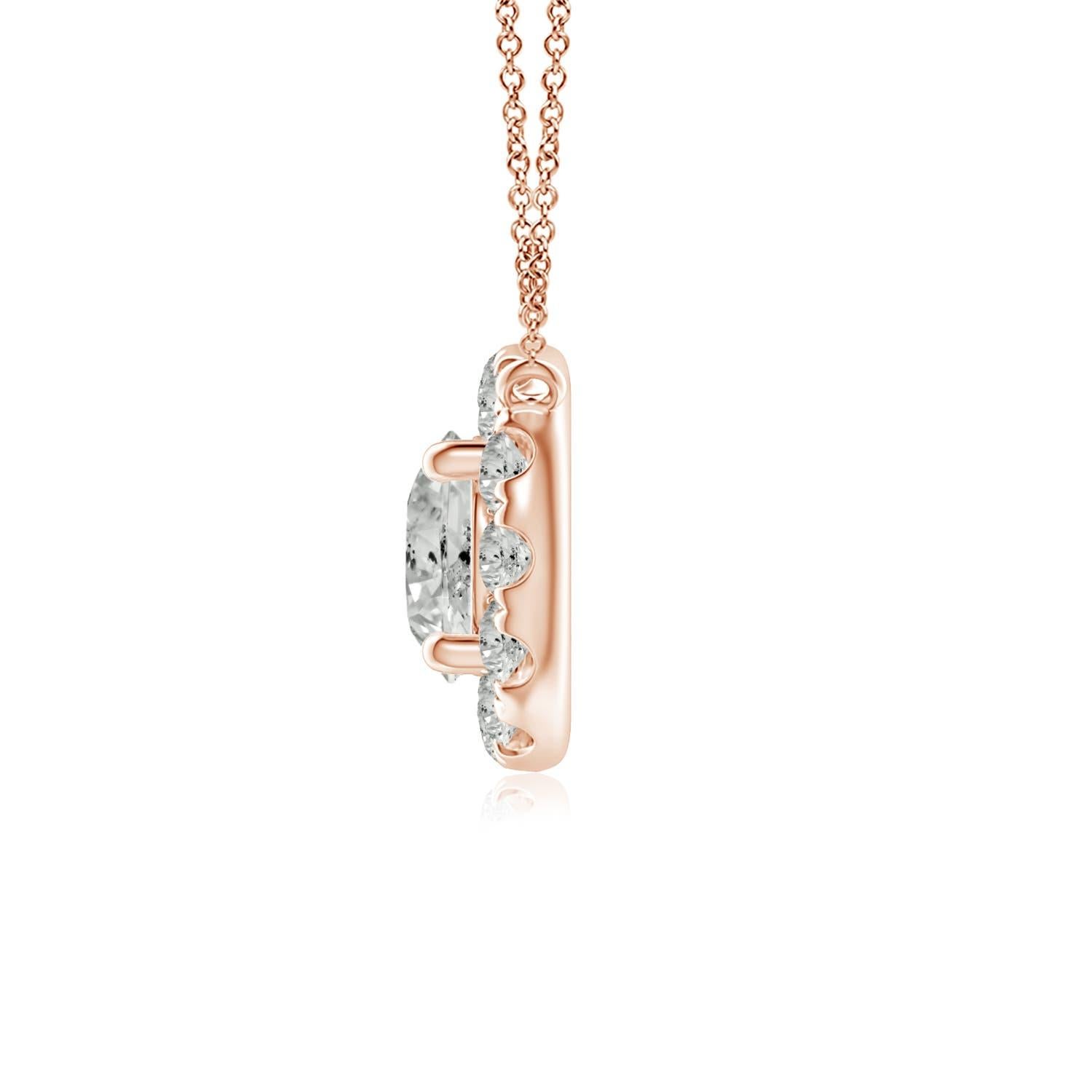 With a round diamond at the core and a halo encircling it, this diamond pendant necklace is a glittering marvel. It gives off the illusion of a sparkling star and looks extravagantly elegant. A 14K rose gold halo pendant necklace finished with