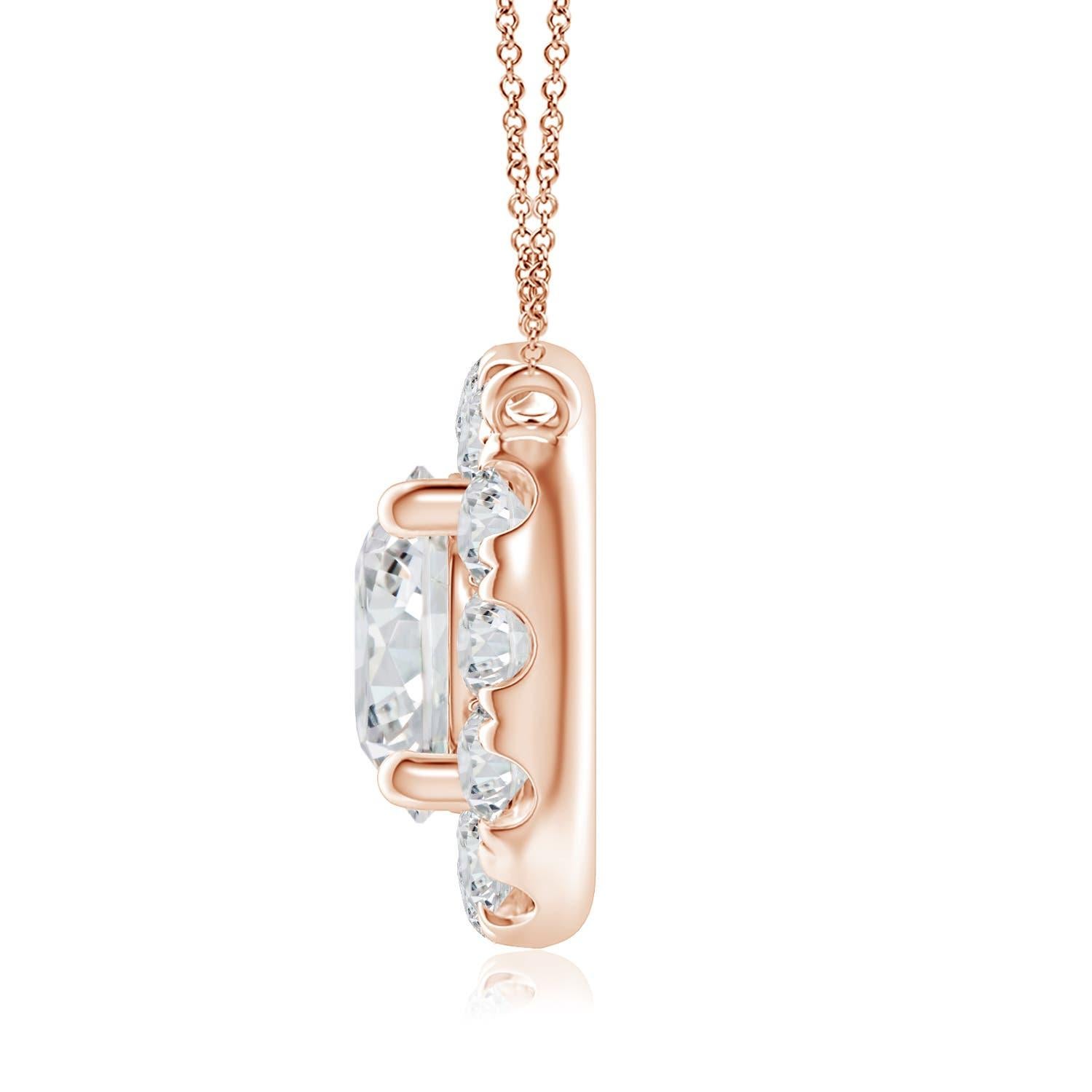 With a round diamond at the core and a halo encircling it, this diamond pendant necklace is a glittering marvel. It gives off the illusion of a sparkling star and looks extravagantly elegant. A 14K rose gold halo pendant necklace finished with