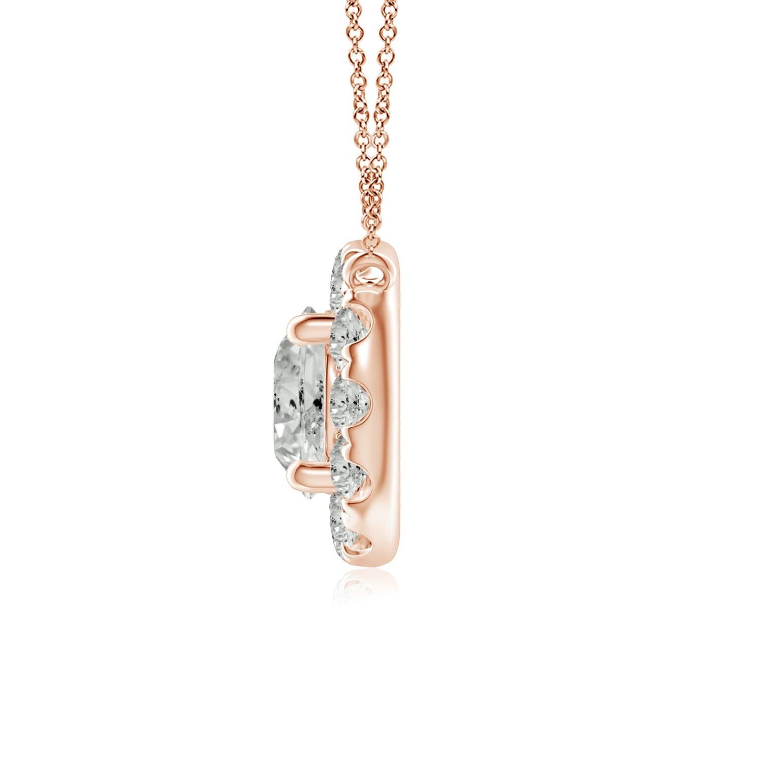 With a round diamond at the core and a halo encircling it, this diamond pendant necklace is a glittering marvel. It gives off the illusion of a sparkling star and looks extravagantly elegant. A 14K rose gold halo pendant necklace finished with