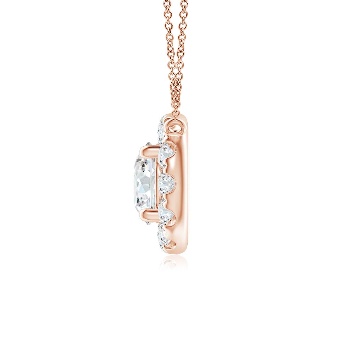 With a round diamond at the core and a halo encircling it, this diamond pendant necklace is a glittering marvel. It gives off the illusion of a sparkling star and looks extravagantly elegant. A 14K rose gold halo pendant necklace finished with