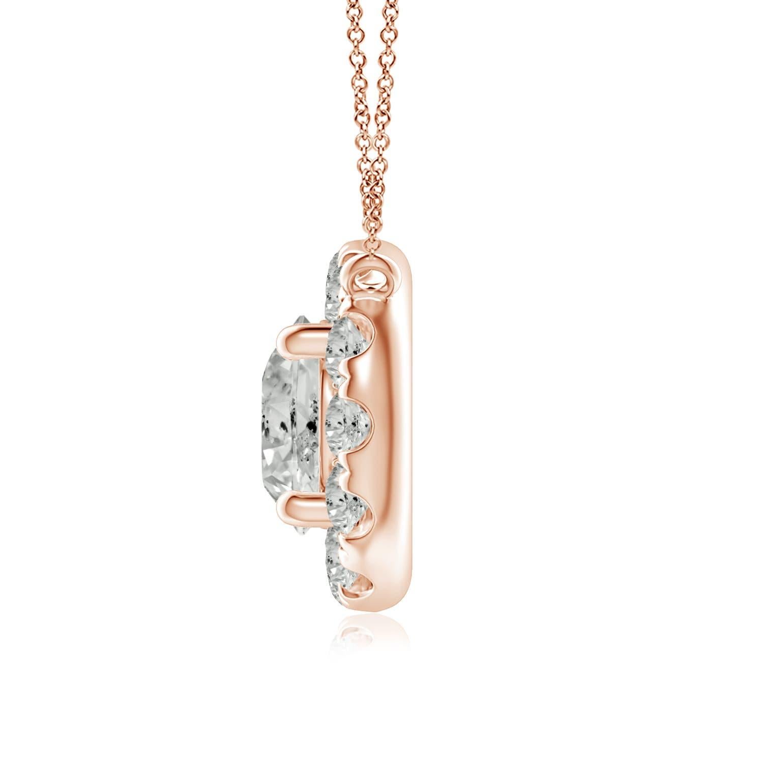 With a round diamond at the core and a halo encircling it, this diamond pendant necklace is a glittering marvel. It gives off the illusion of a sparkling star and looks extravagantly elegant. A 14K rose gold halo pendant necklace finished with