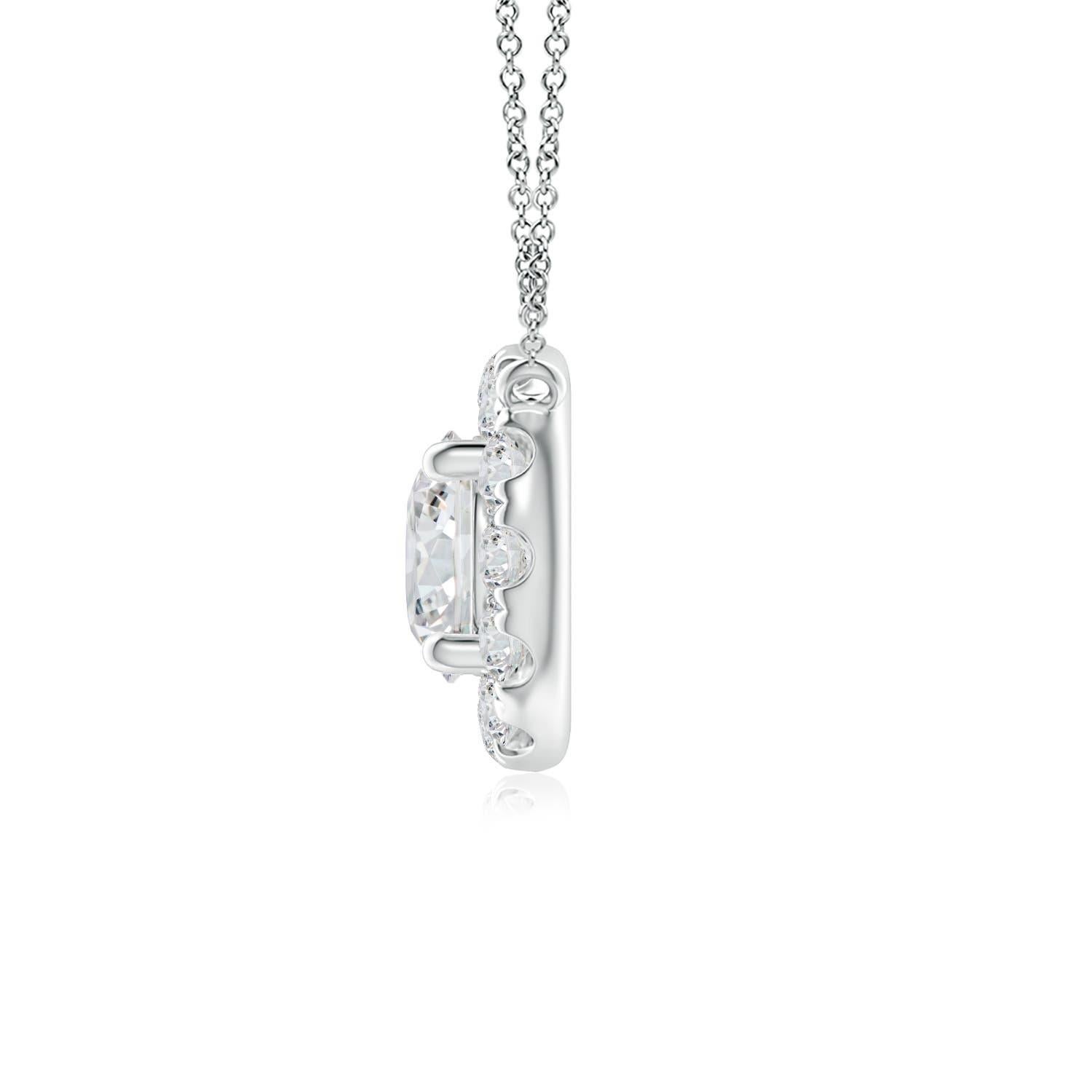 With a round diamond at the core and a halo encircling it, this diamond pendant necklace is a glittering marvel. It gives off the illusion of a sparkling star and looks extravagantly elegant. A 14K white gold halo pendant necklace finished with