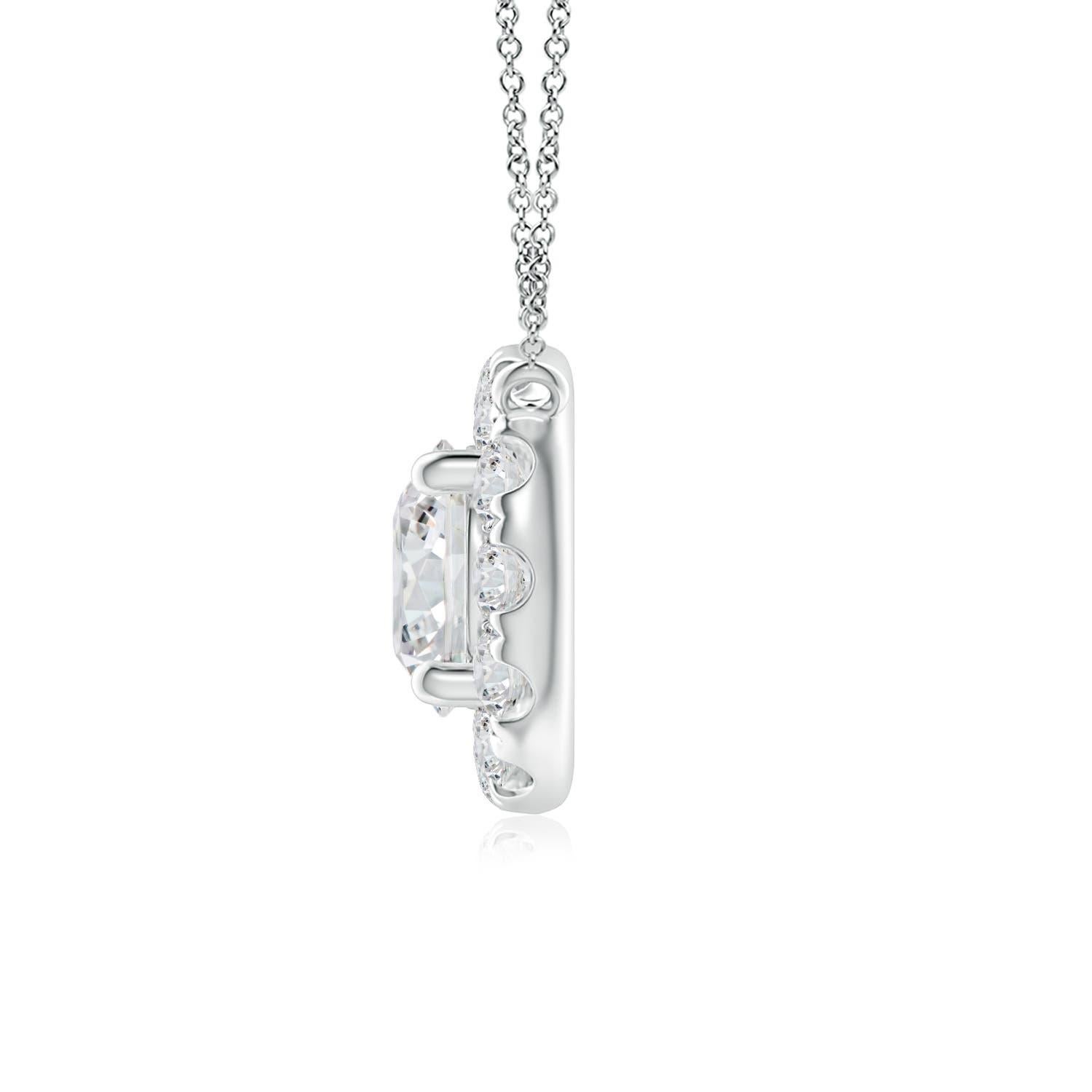 With a round diamond at the core and a halo encircling it, this diamond pendant necklace is a glittering marvel. It gives off the illusion of a sparkling star and looks extravagantly elegant. A 14K white gold halo pendant necklace finished with