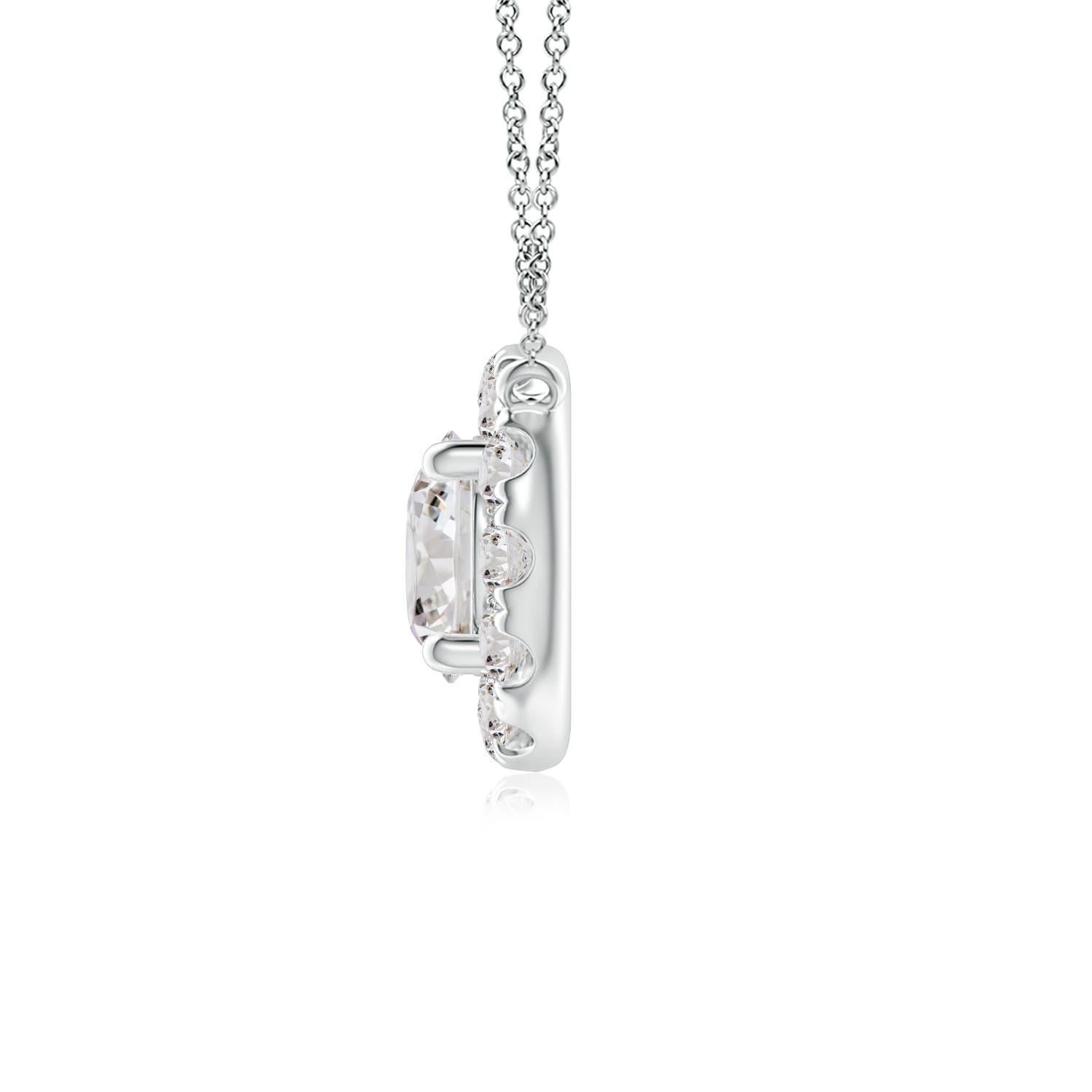 With a round diamond at the core and a halo encircling it, this diamond pendant necklace is a glittering marvel. It gives off the illusion of a sparkling star and looks extravagantly elegant. A 14K white gold halo pendant necklace finished with