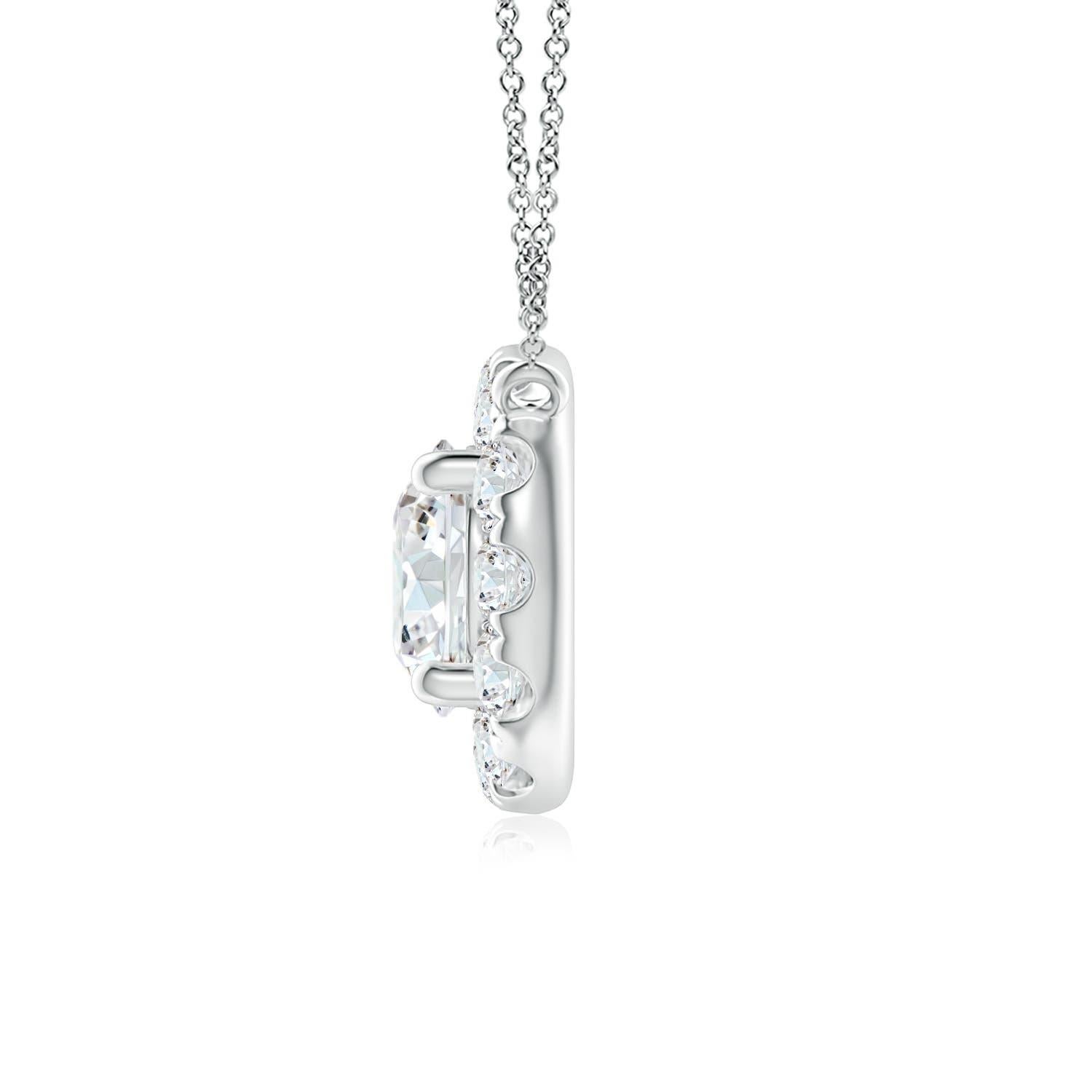 With a round diamond at the core and a halo encircling it, this diamond pendant necklace is a glittering marvel. It gives off the illusion of a sparkling star and looks extravagantly elegant. A 14K white gold halo pendant necklace finished with