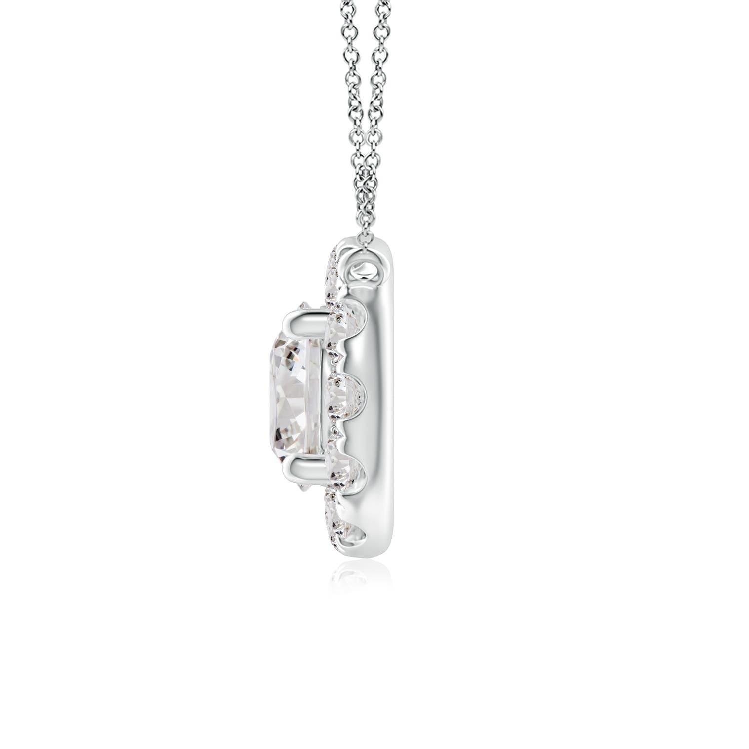 With a round diamond at the core and a halo encircling it, this diamond pendant necklace is a glittering marvel. It gives off the illusion of a sparkling star and looks extravagantly elegant. A 14K white gold halo pendant necklace finished with