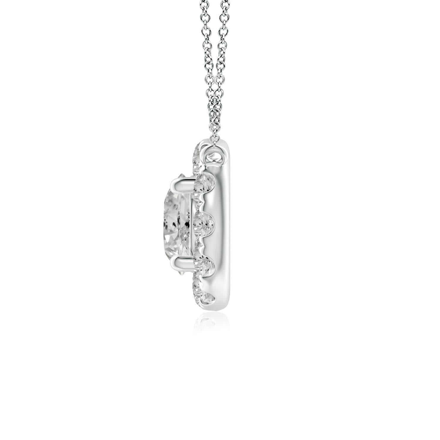 With a round diamond at the core and a halo encircling it, this diamond pendant necklace is a glittering marvel. It gives off the illusion of a sparkling star and looks extravagantly elegant. A 14K white gold halo pendant necklace finished with