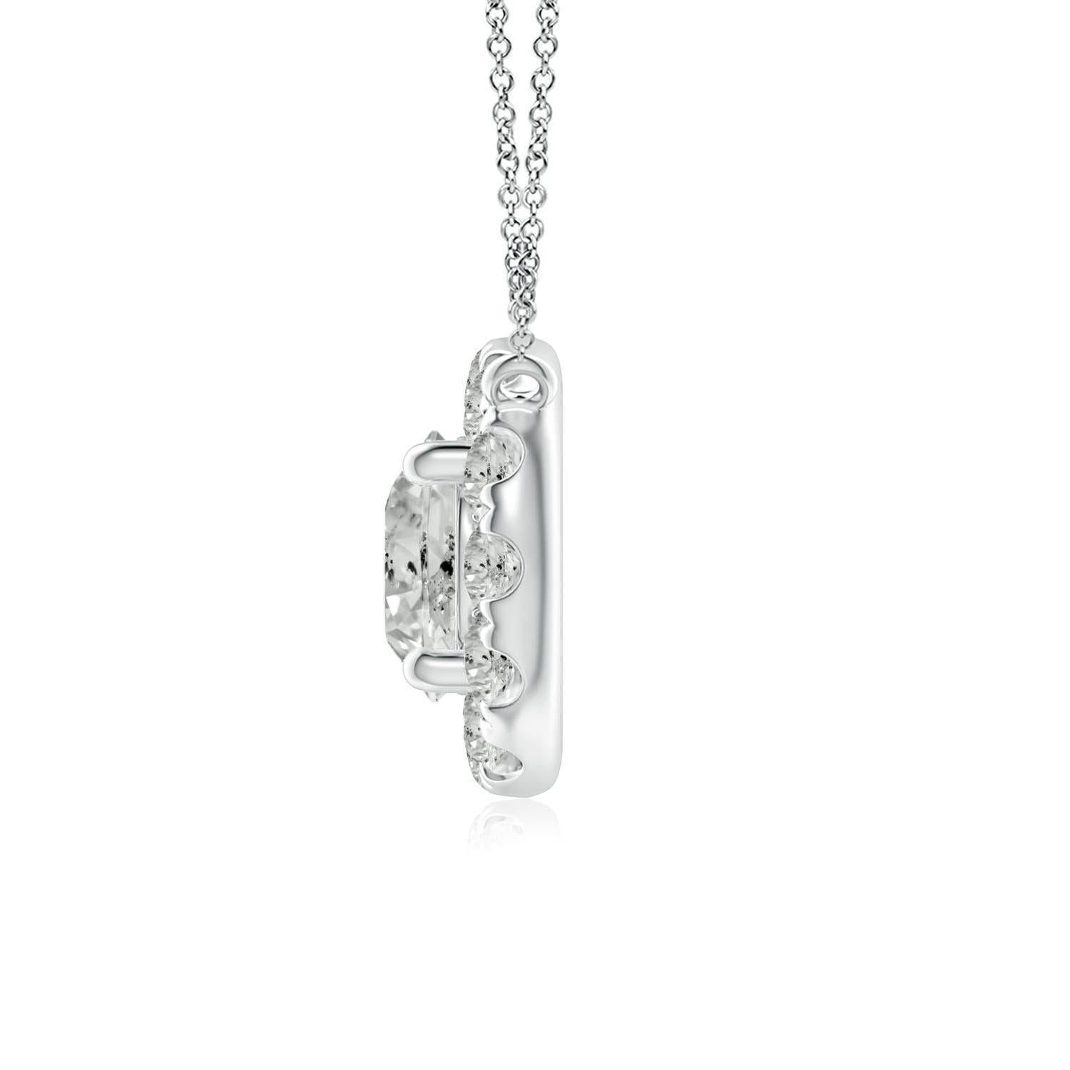With a round diamond at the core and a halo encircling it, this diamond pendant necklace is a glittering marvel. It gives off the illusion of a sparkling star and looks extravagantly elegant. A 14K white gold halo pendant necklace finished with