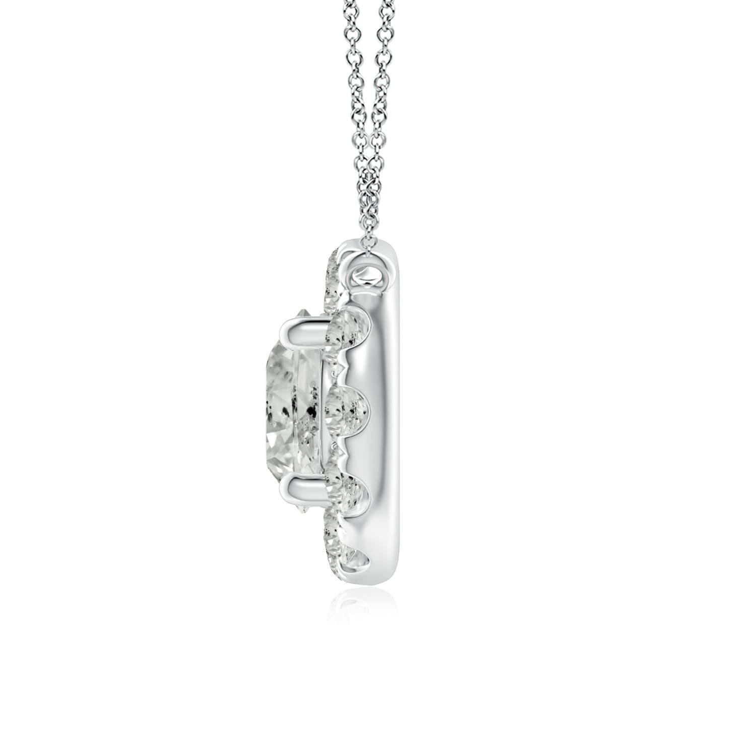 With a round diamond at the core and a halo encircling it, this diamond pendant necklace is a glittering marvel. It gives off the illusion of a sparkling star and looks extravagantly elegant. A 14K white gold halo pendant necklace finished with