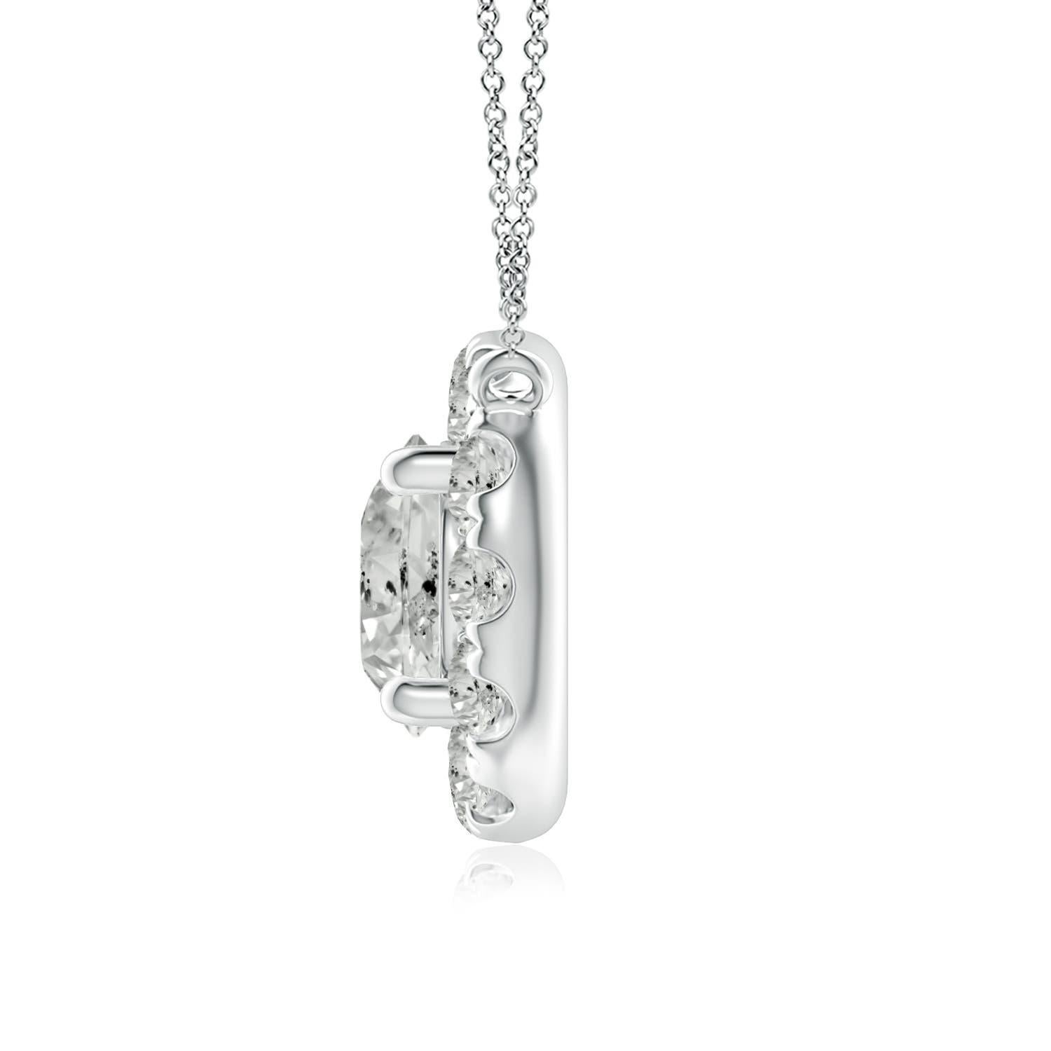 With a round diamond at the core and a halo encircling it, this diamond pendant necklace is a glittering marvel. It gives off the illusion of a sparkling star and looks extravagantly elegant. A 14K white gold halo pendant necklace finished with