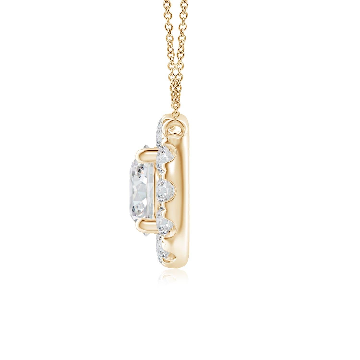 With a round diamond at the core and a halo encircling it, this diamond pendant necklace is a glittering marvel. It gives off the illusion of a sparkling star and looks extravagantly elegant. A 14K yellow gold halo pendant necklace finished with