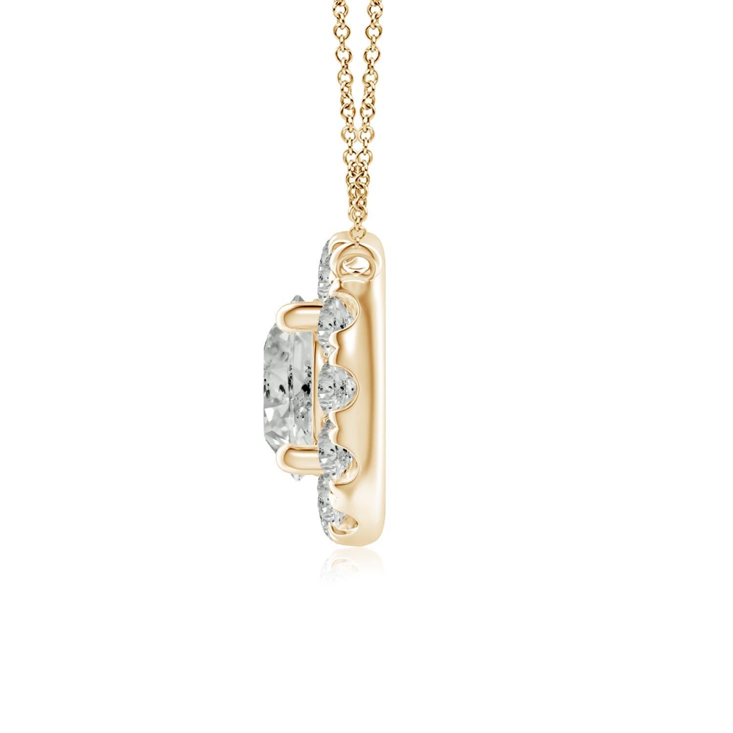 With a round diamond at the core and a halo encircling it, this diamond pendant necklace is a glittering marvel. It gives off the illusion of a sparkling star and looks extravagantly elegant. A 14K yellow gold halo pendant necklace finished with