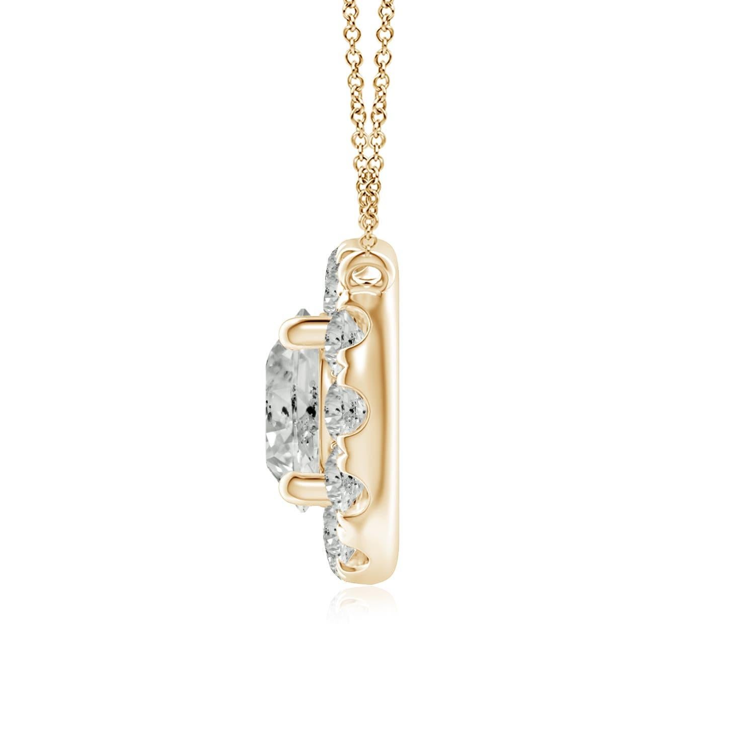 With a round diamond at the core and a halo encircling it, this diamond pendant necklace is a glittering marvel. It gives off the illusion of a sparkling star and looks extravagantly elegant. A 14K yellow gold halo pendant necklace finished with
