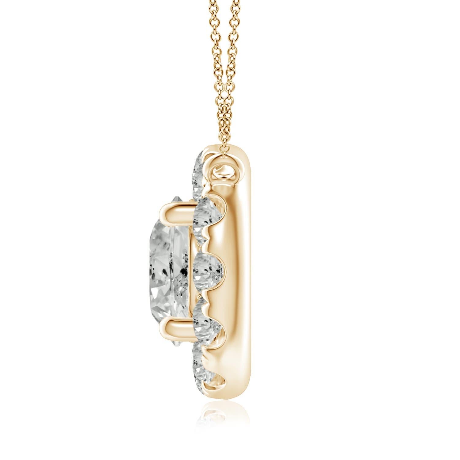 With a round diamond at the core and a halo encircling it, this diamond pendant necklace is a glittering marvel. It gives off the illusion of a sparkling star and looks extravagantly elegant. A 14K yellow gold halo pendant necklace finished with