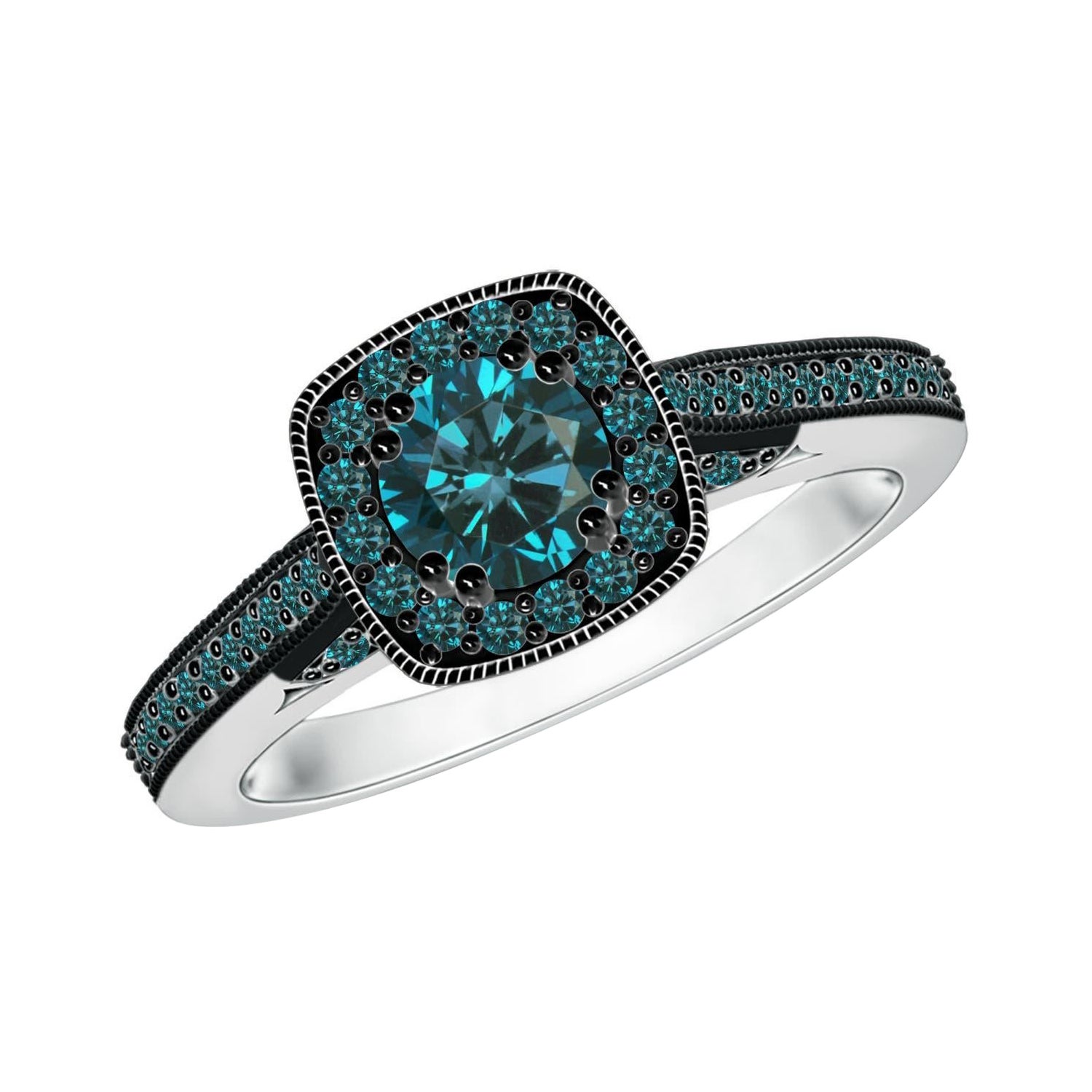 Anello aureola con diamante blu tondo naturale potenziato di Angara in oro massiccio 14K