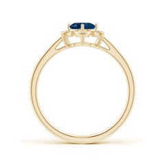 Anillo Angara de Topacio Azul de Londres Redondo Natural con Halo Floral de Diamantes en Oro de 14K