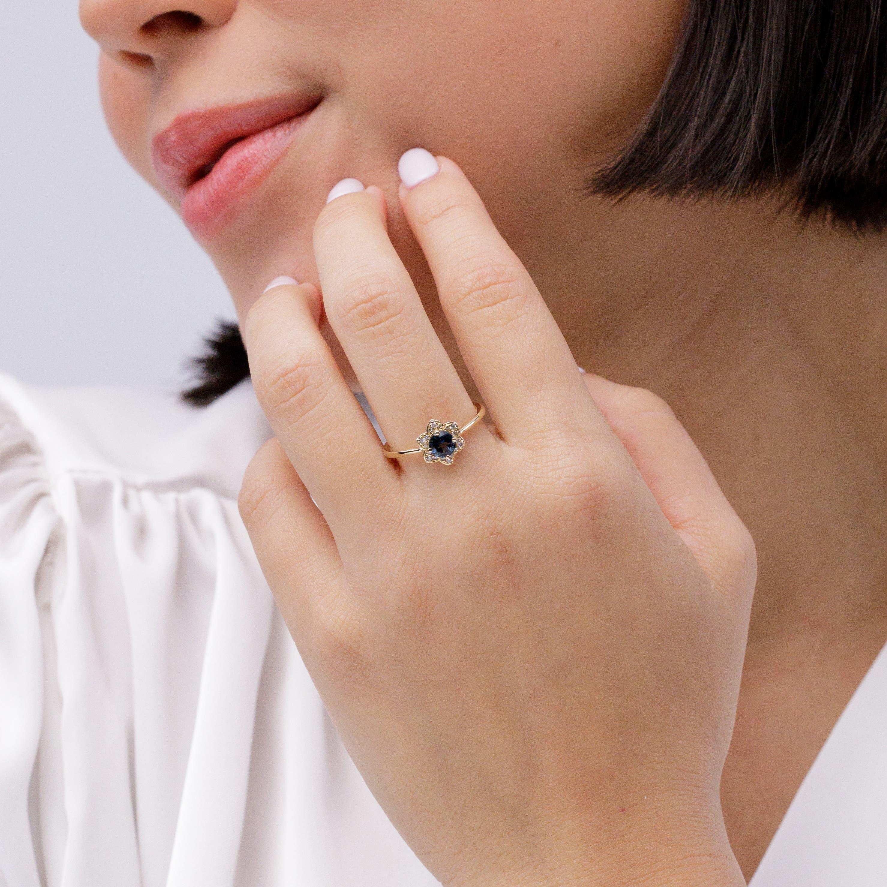 Modern Angara Natural Round London Blue Topaz Ring with Floral Diamond Halo in 14K Gold For Sale