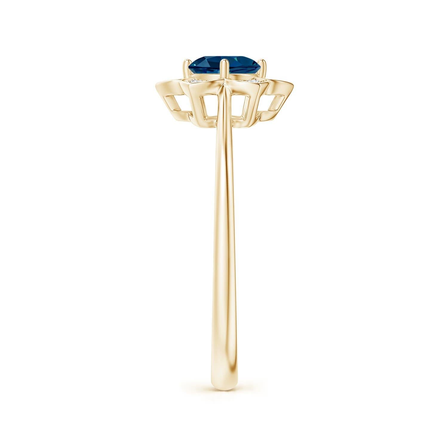 Round Cut Angara Natural Round London Blue Topaz Ring with Floral Diamond Halo in 14K Gold For Sale