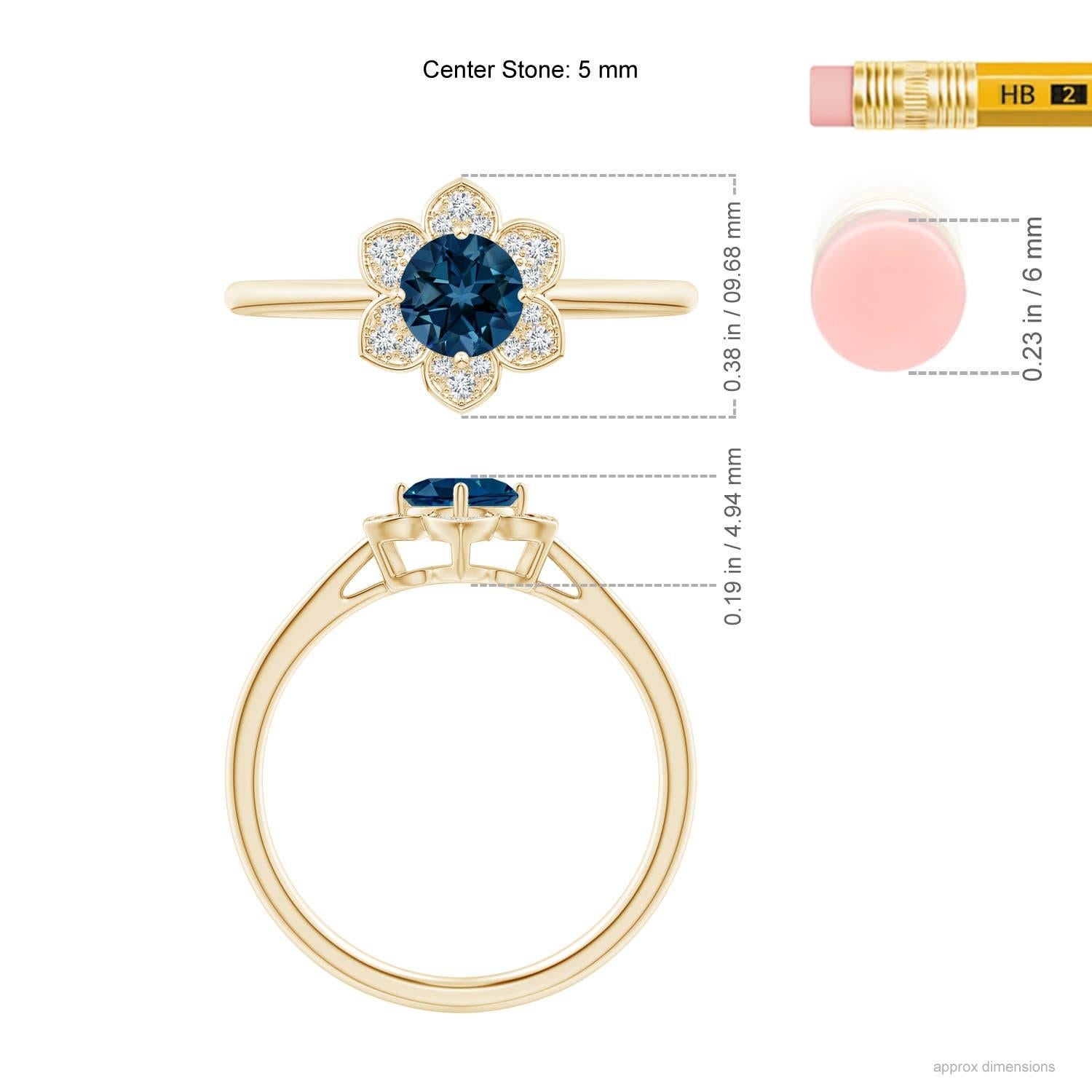 Women's Angara Natural Round London Blue Topaz Ring with Floral Diamond Halo in 14K Gold For Sale