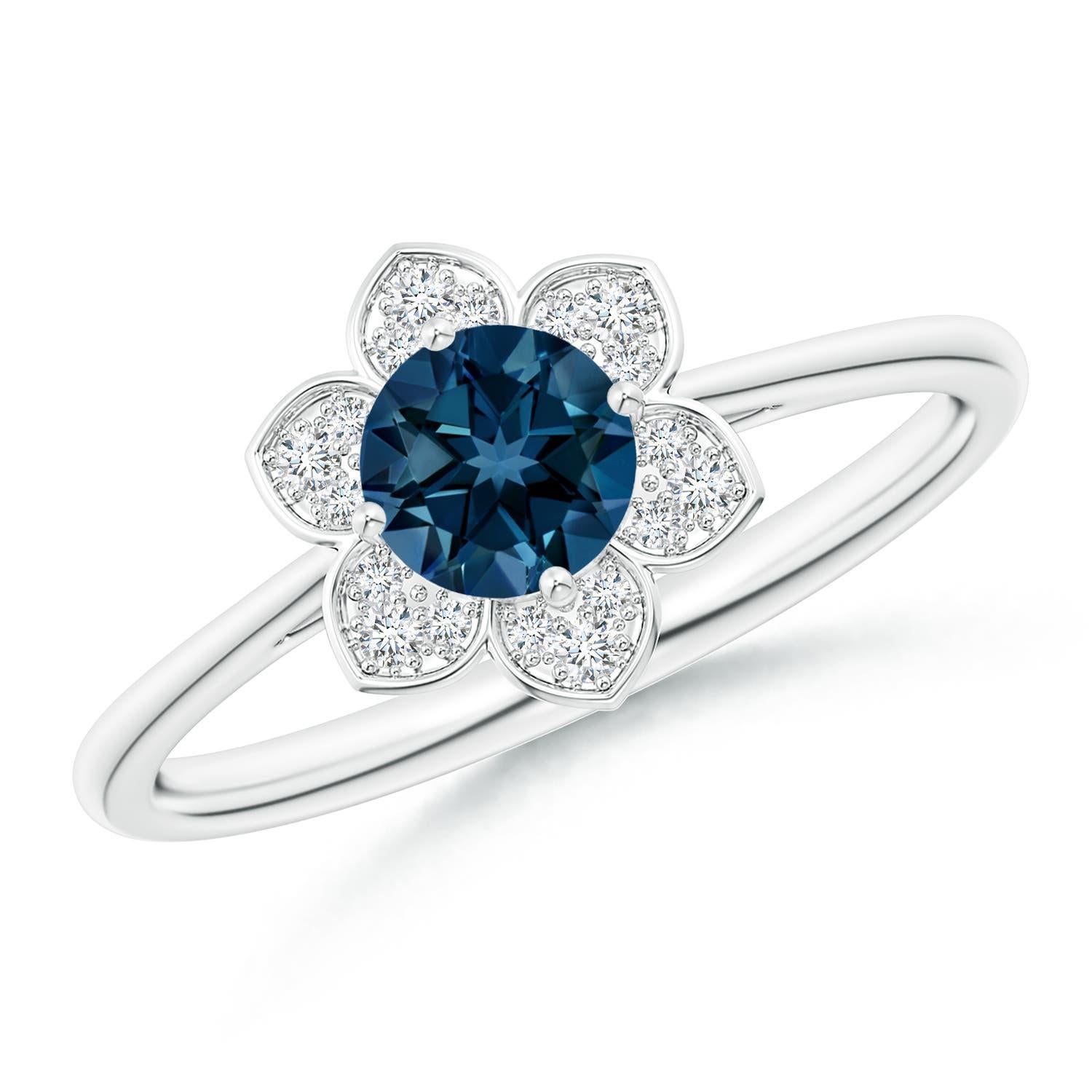 Angara Natural Round London Blue Topaz Ring with Floral Diamond Halo in 14K Gold For Sale 1