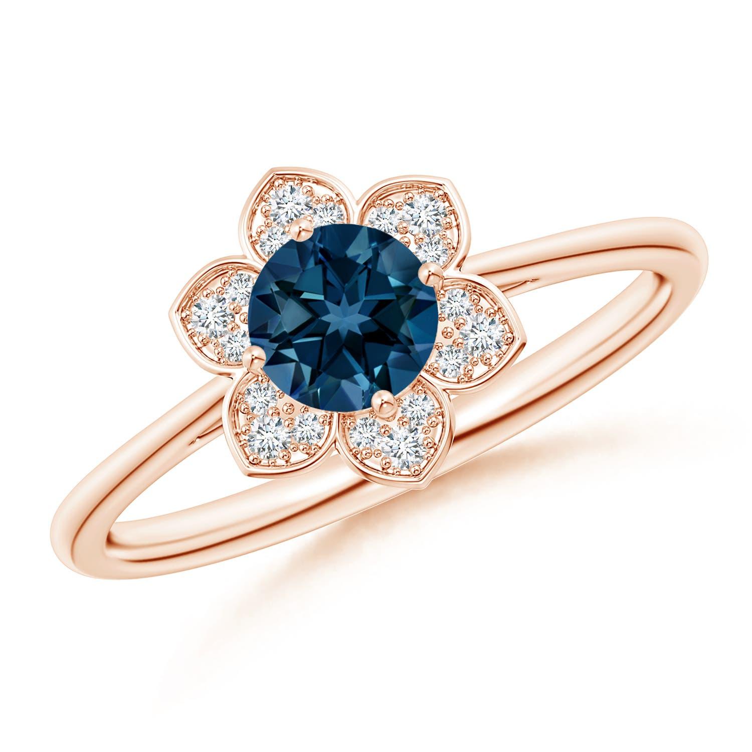 Angara Natural Round London Blue Topaz Ring with Floral Diamond Halo in 14K Gold For Sale 2