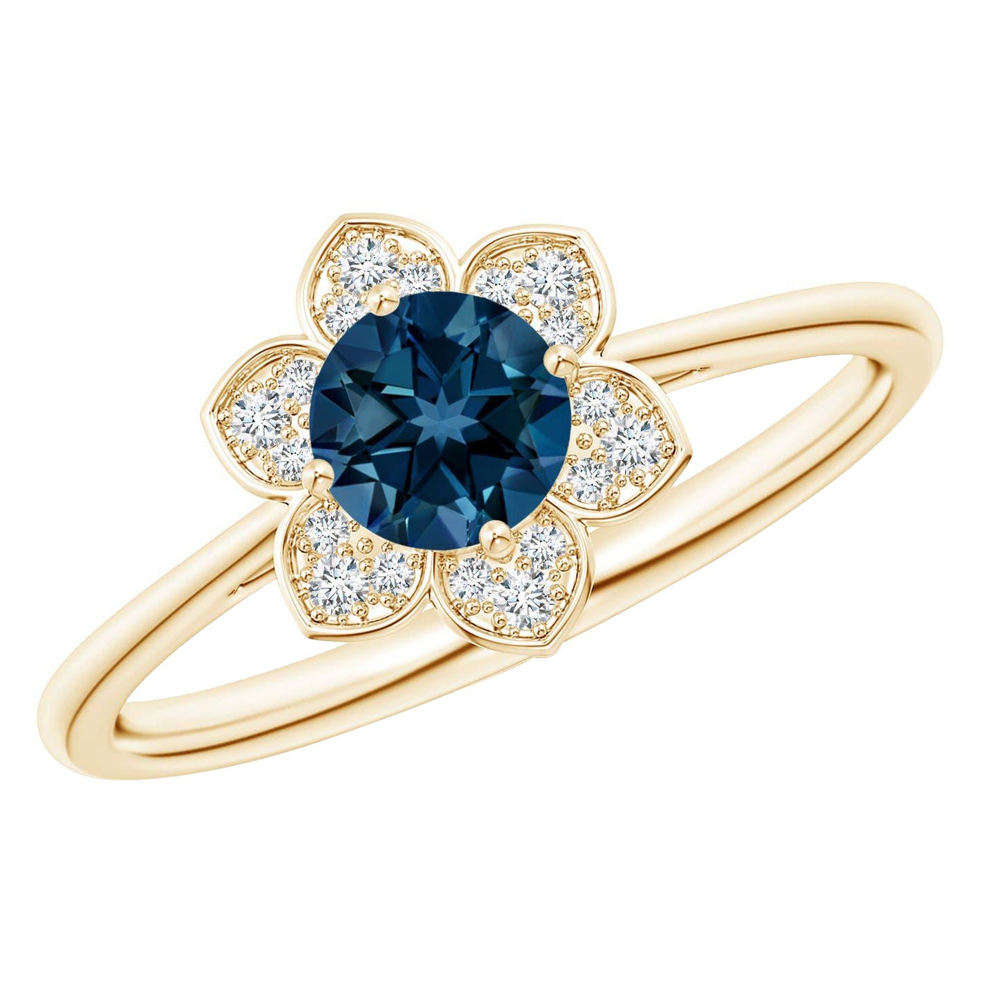 Angara Natural Round London Blue Topaz Ring with Floral Diamond Halo in 14K Gold