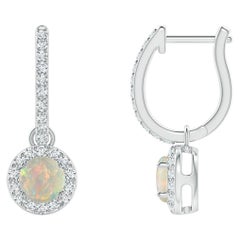 Angara - Orecchini pendenti in oro massiccio 14 carati con diamante e opale rotondo naturale