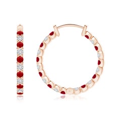 Angara Natural Round Ruby and Diamond Inside Out Hoop Earrings in 14K Solid Gold