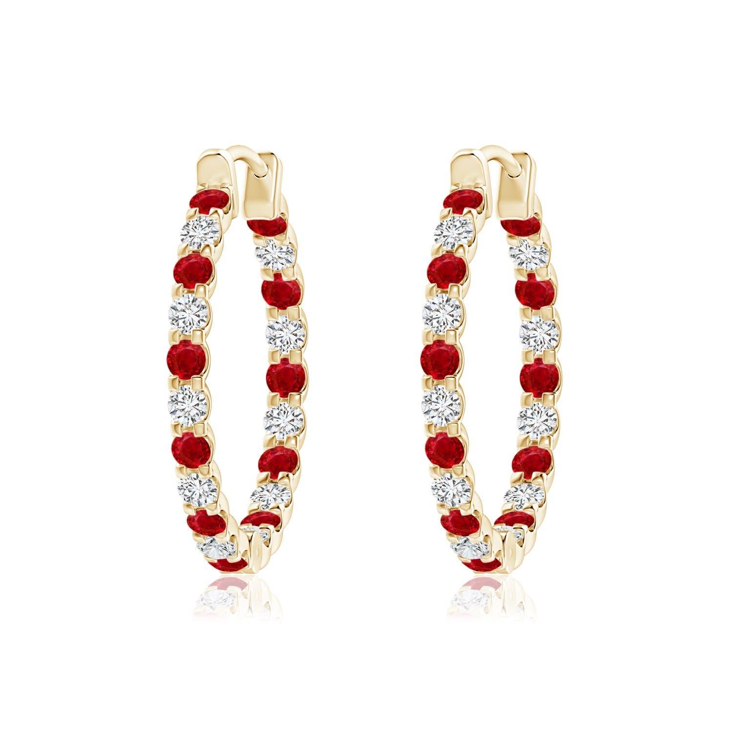 Angara Natürliche Runde Rubin und Diamant Inside Out Hoop Ohrringe in 14K Solid Gold Damen im Angebot