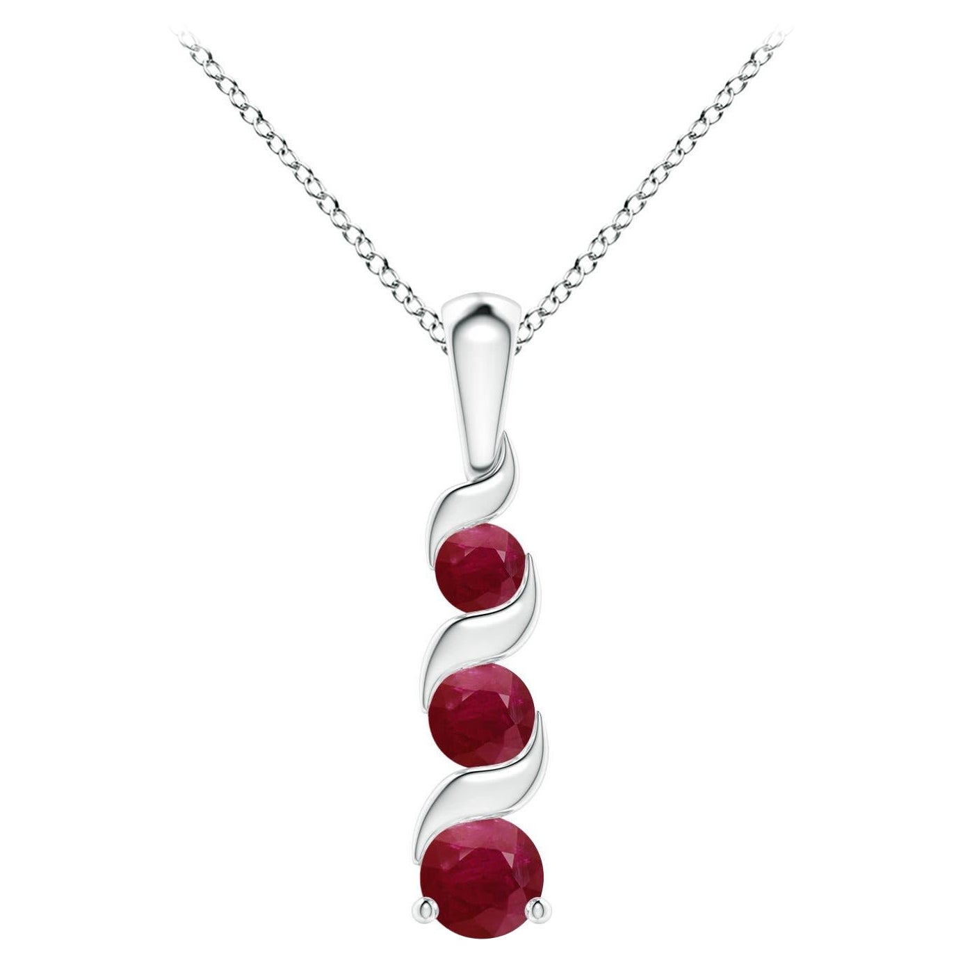 Angara Natural Round Ruby Three Stone Journey Pendant in 14K Solid Gold For Sale