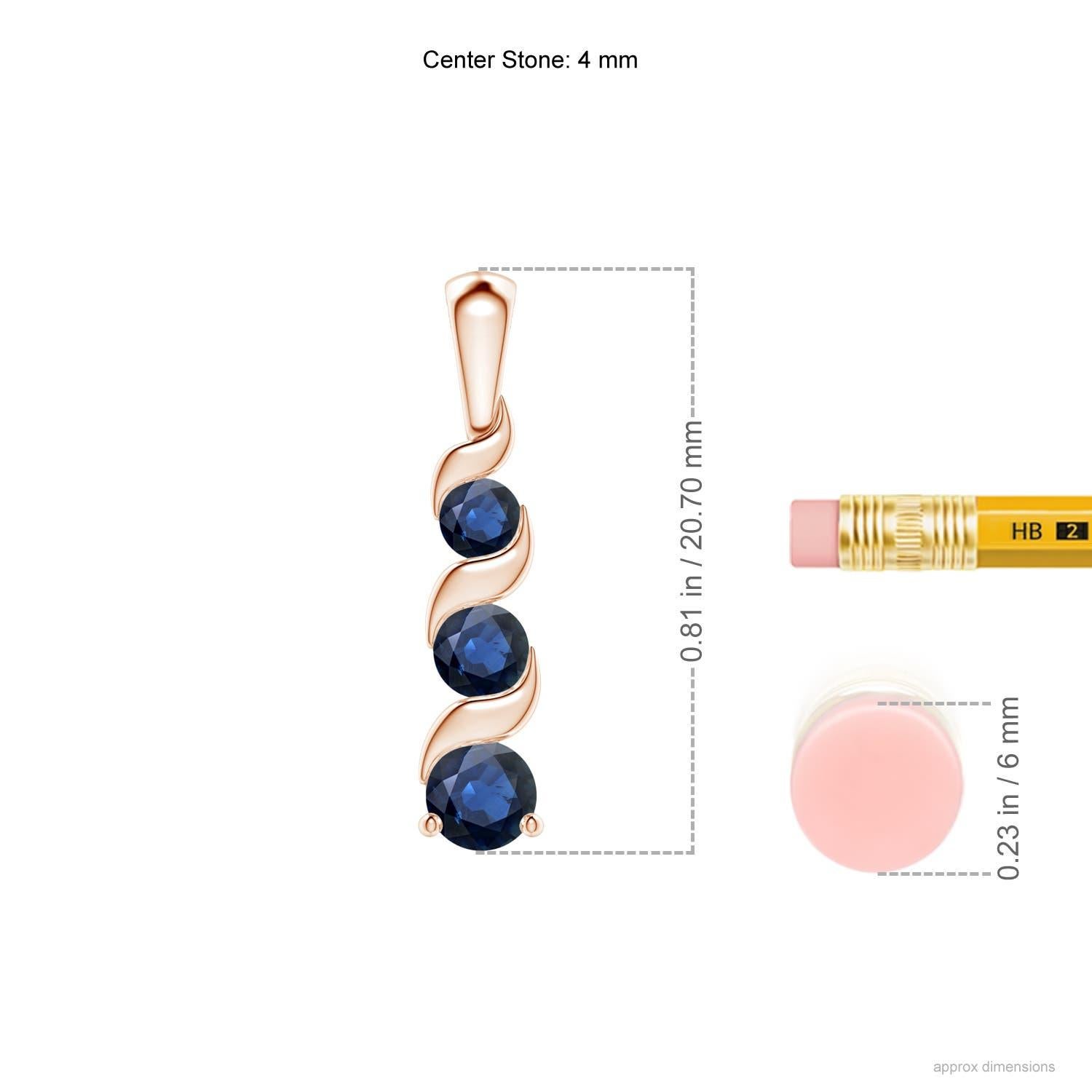 Channel set in an exquisite journey trail, the three graduating round sapphires showcase their intriguing blue hue. This gorgeous three stone sapphire pendant is designed in 14k rose gold and connects to a lustrous metal bale.
Blue Sapphire is the