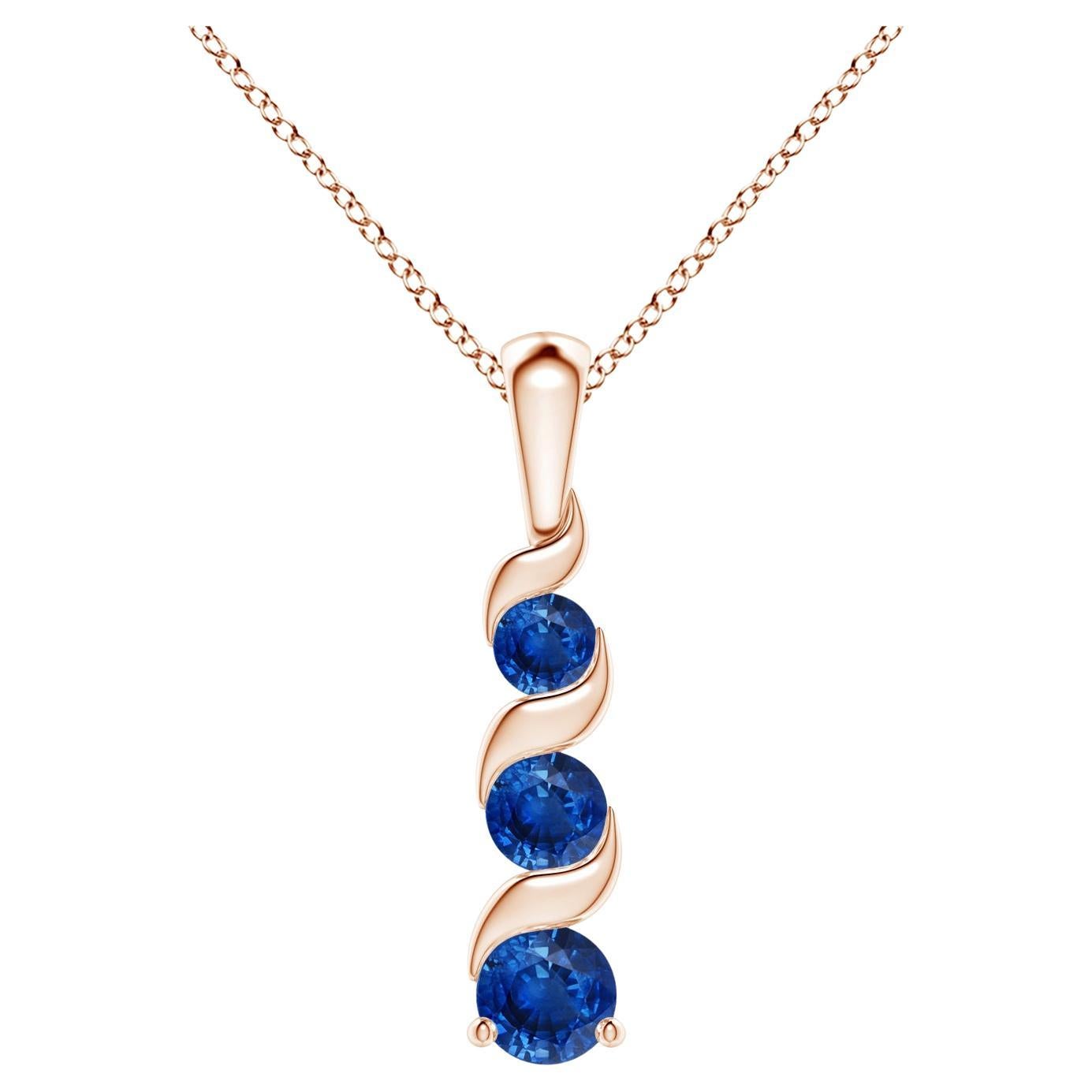 Natural Round Sapphire Three Stone Pendant in 14K Rose Gold (Size-4mm) For Sale