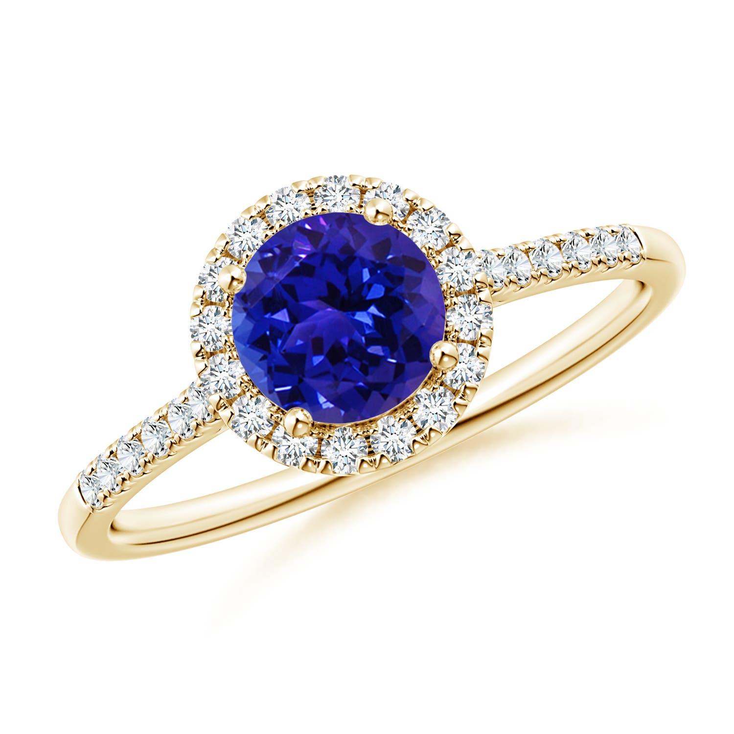 Anello Angara con tanzanite tonda naturale e accenti di diamante in oro massiccio 14 carati in vendita 1