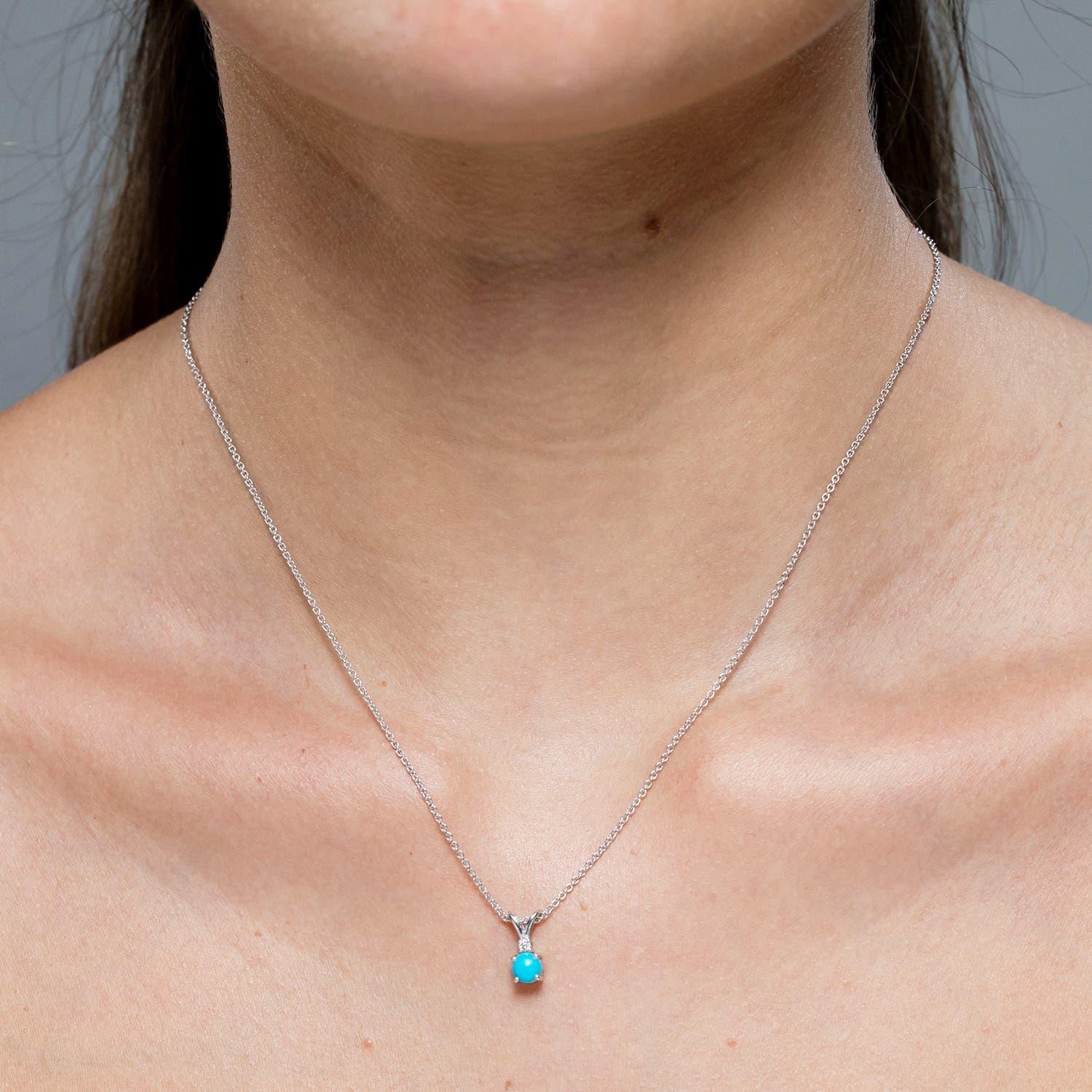 Modern Angara Natural Round Turquoise Solitaire V-Bale Pendant with Diamond in 14K Gold For Sale