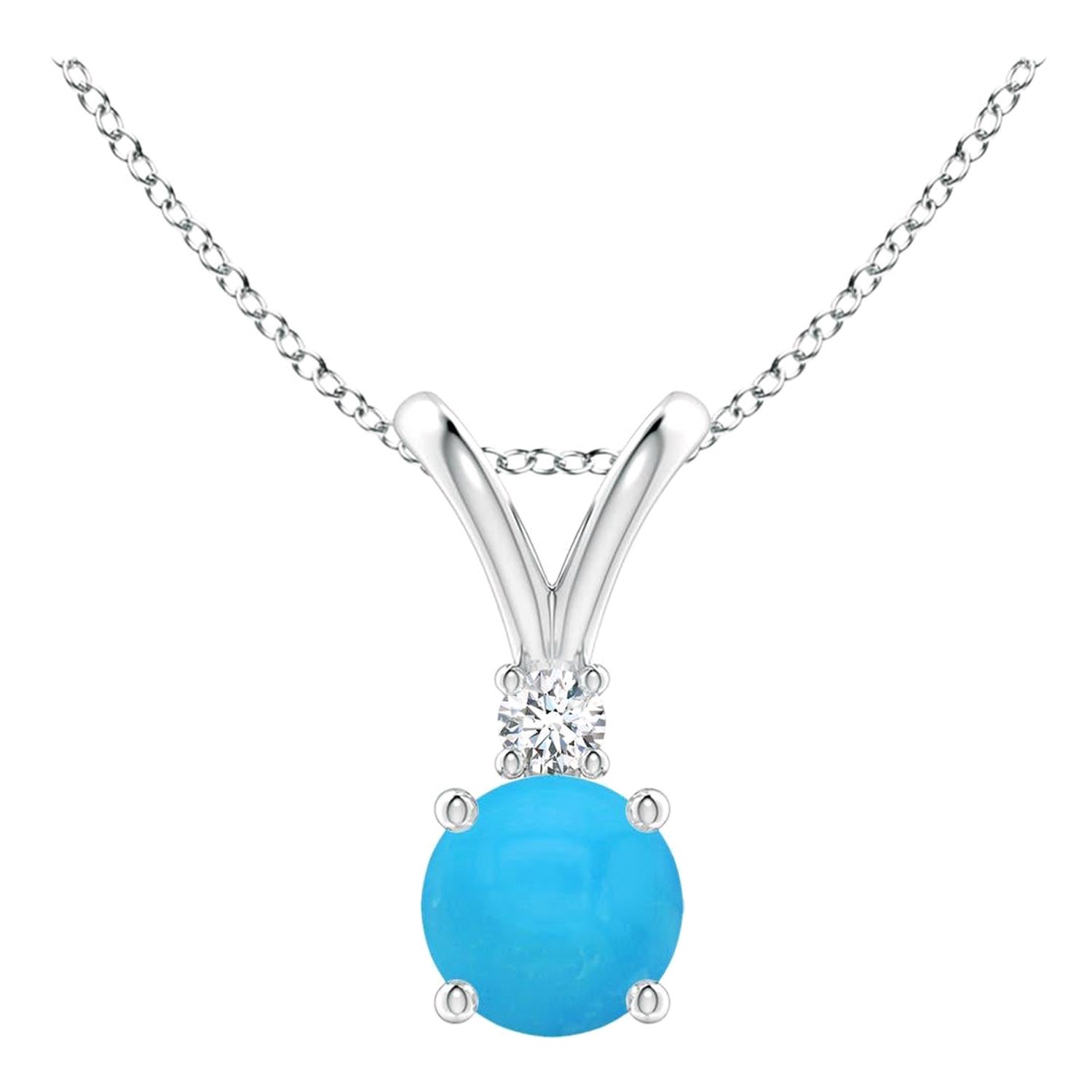 Angara Natural Round Turquoise Solitaire V-Bale Pendant with Diamond in 14K Gold For Sale