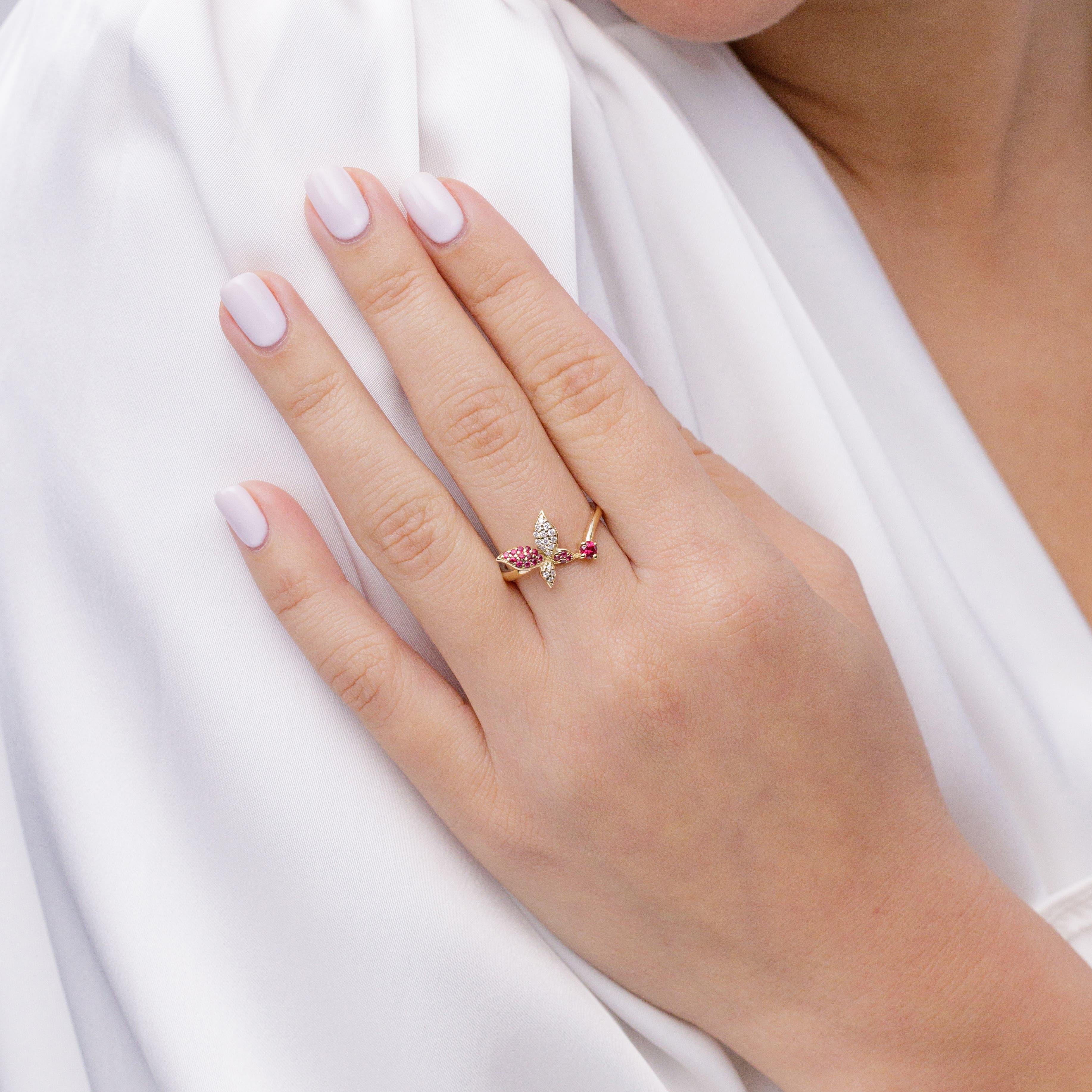 Modern Angara Natural Ruby and Diamond Butterfly Bypass Ring in 14K Solid Gold For Sale