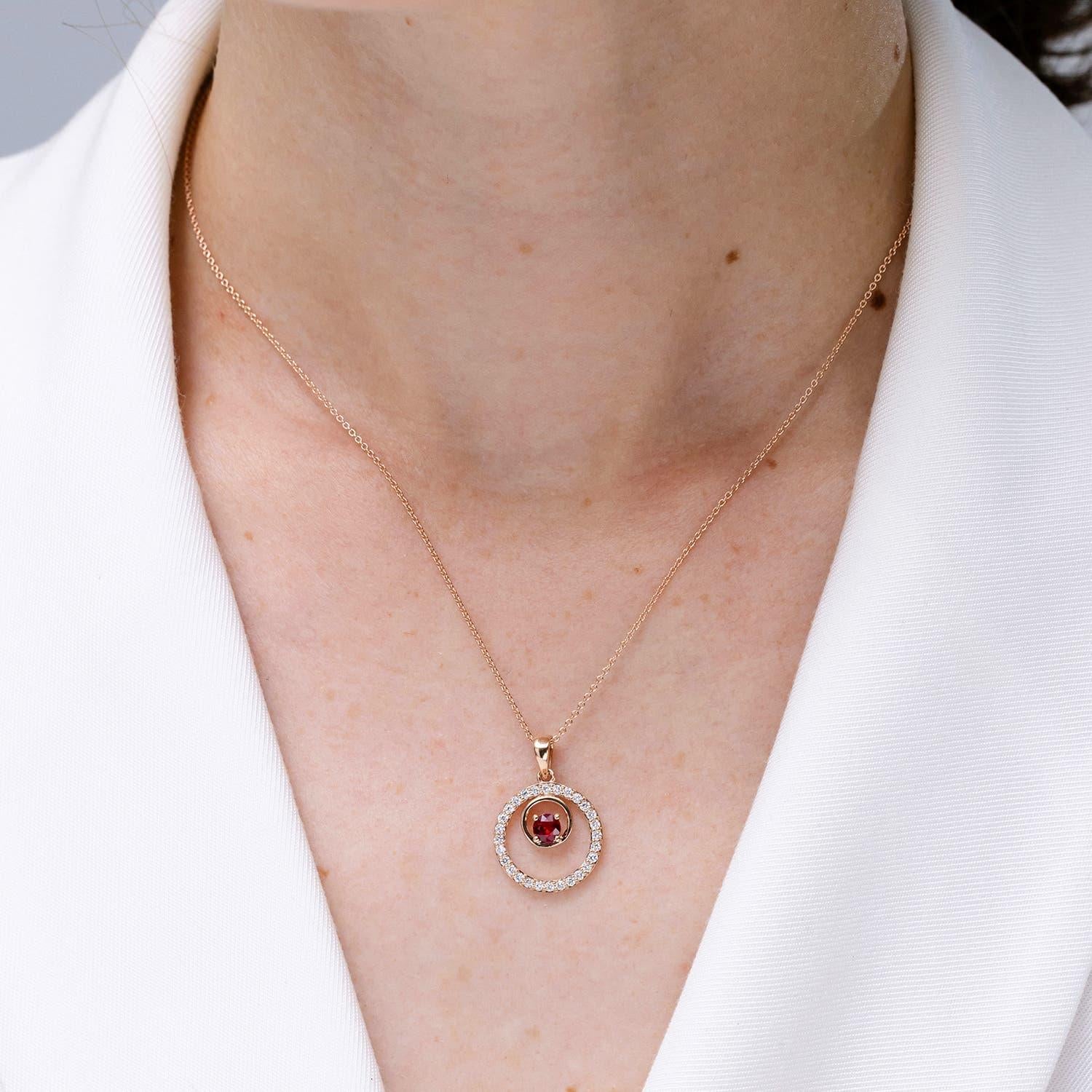 Round Cut Angara Natural Ruby and Diamond Cancer Circle Pendant in 14K Solid Gold For Sale