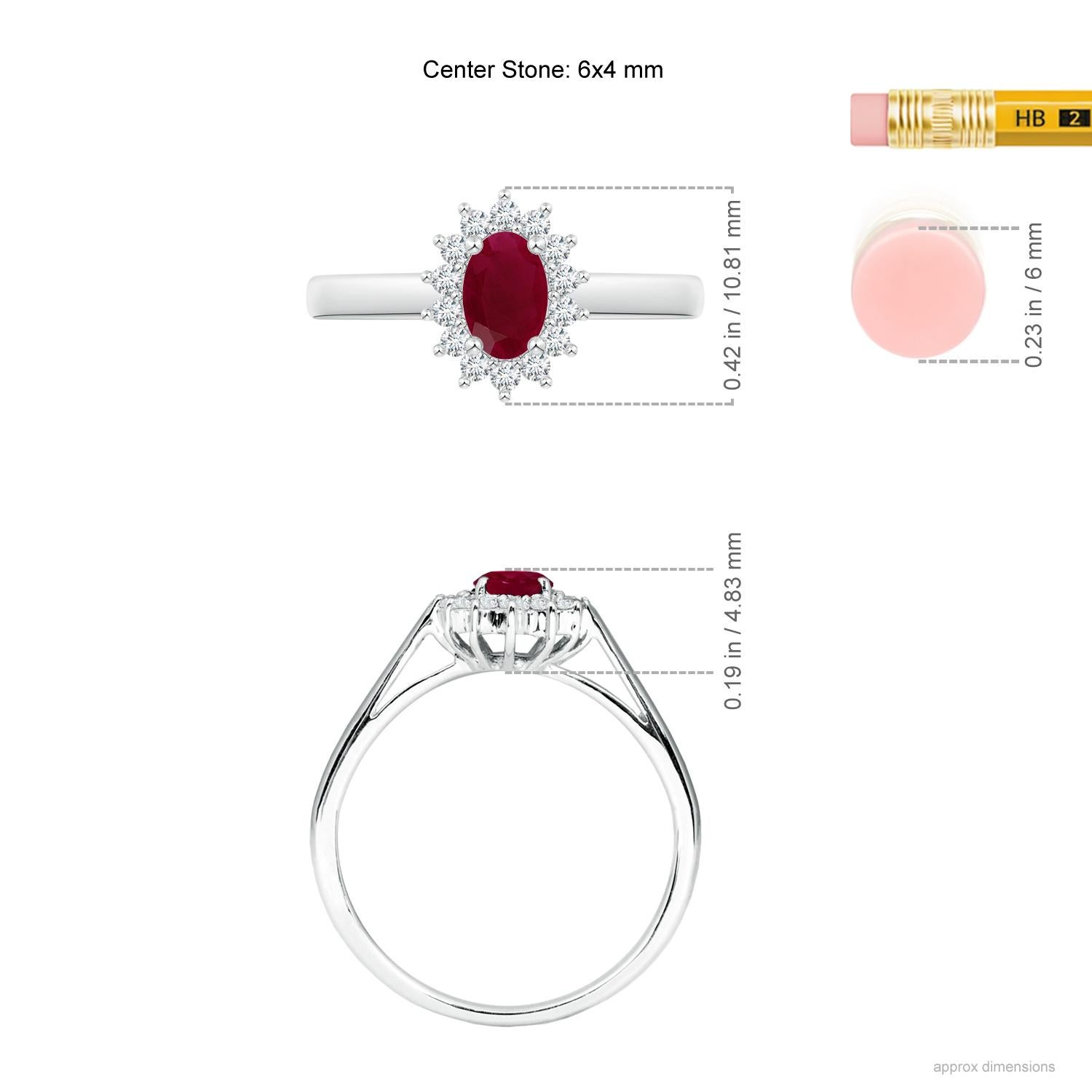 At the core of a scintillating floral halo is a radiant red oval ruby, held in a prong setting. This oval ruby ring is inspired by Princess Diana's beautiful engagement ring. It is crafted in Platinum and bespeaks glamour and elegance.