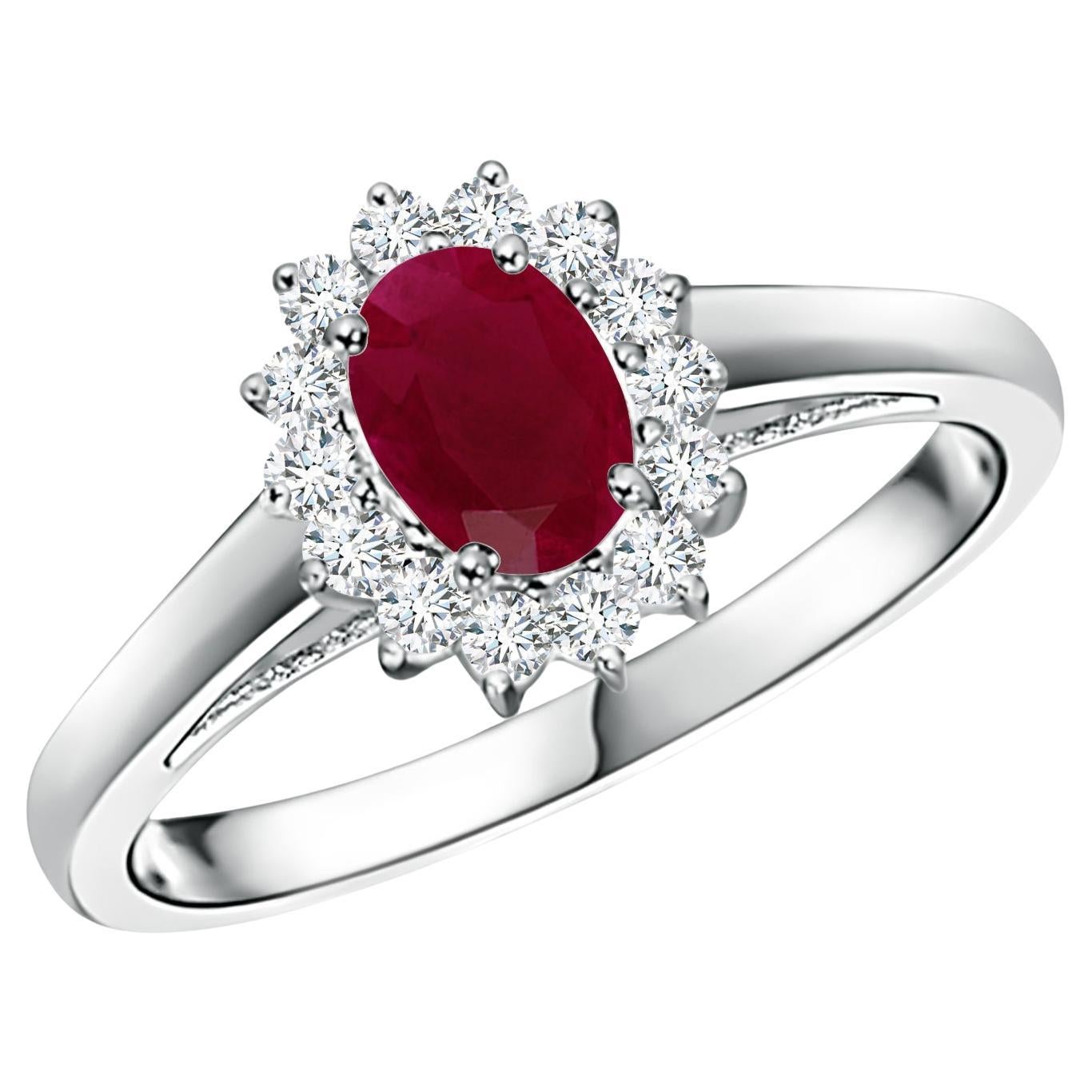 ANGARA Natural Ruby and Diamond Princess Diana Ring in Platinum (Size-6x4mm) For Sale