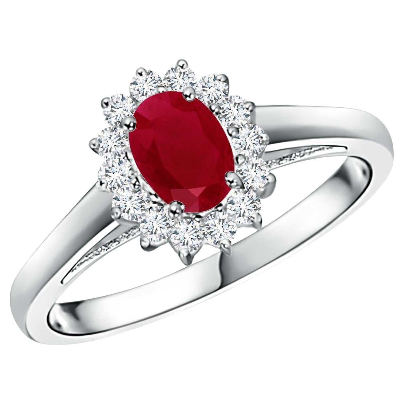 ANGARA Natural Ruby and Diamond Princess Diana Ring in Platinum (Size-6x4mm) For Sale