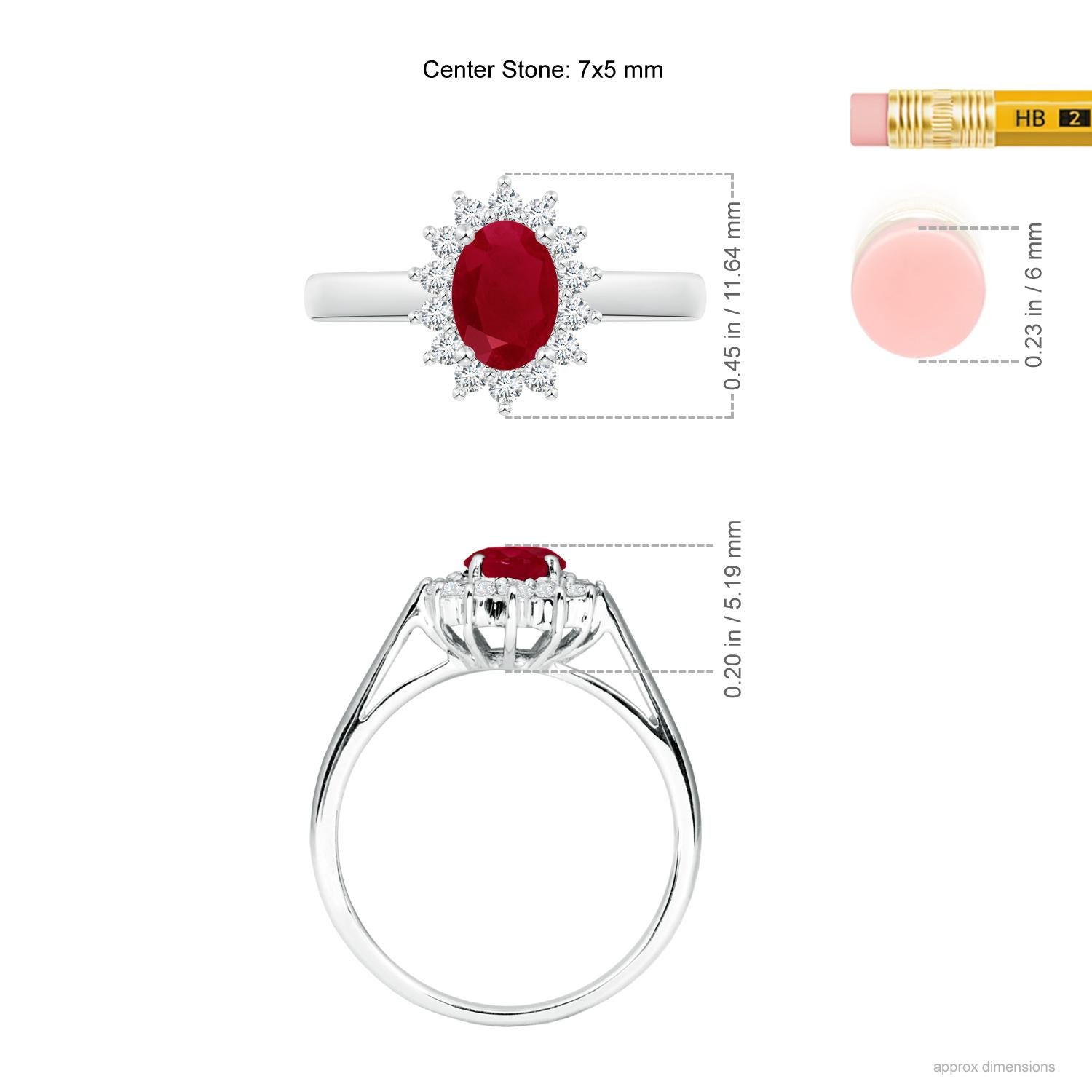 At the core of a scintillating floral halo is a radiant red oval ruby, held in a prong setting. This oval ruby ring is inspired by Princess Diana's beautiful engagement ring. It is crafted in Platinum and bespeaks glamour and elegance.
