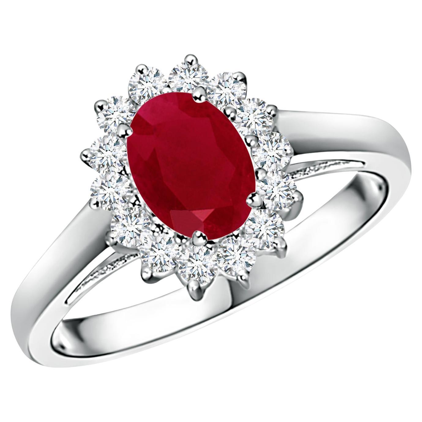 ANGARA Natural Ruby and Diamond Princess Diana Ring in Platinum (Size-7x5mm) For Sale