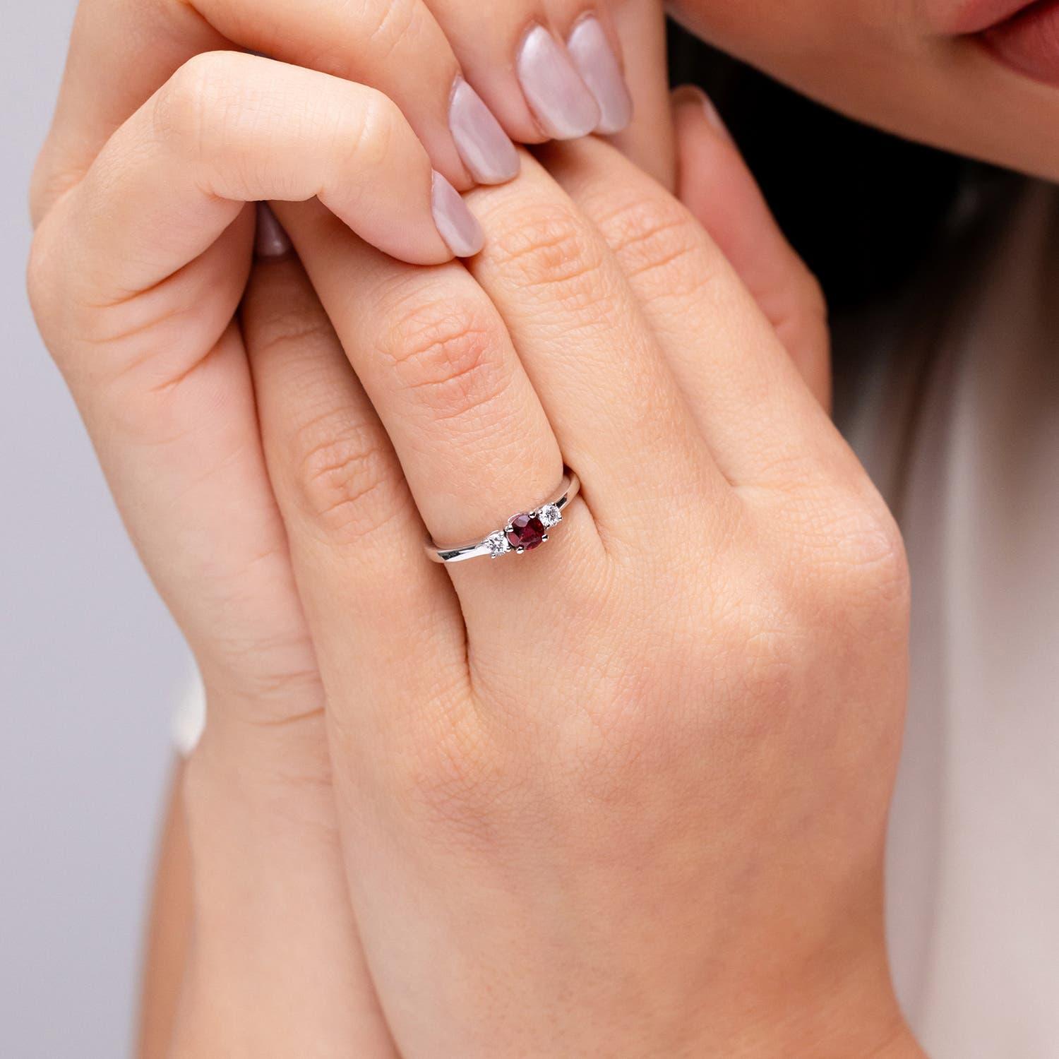 Modern Angara Natural Ruby and Diamond Three Stone Engagement Ring in 14K Solid Gold For Sale