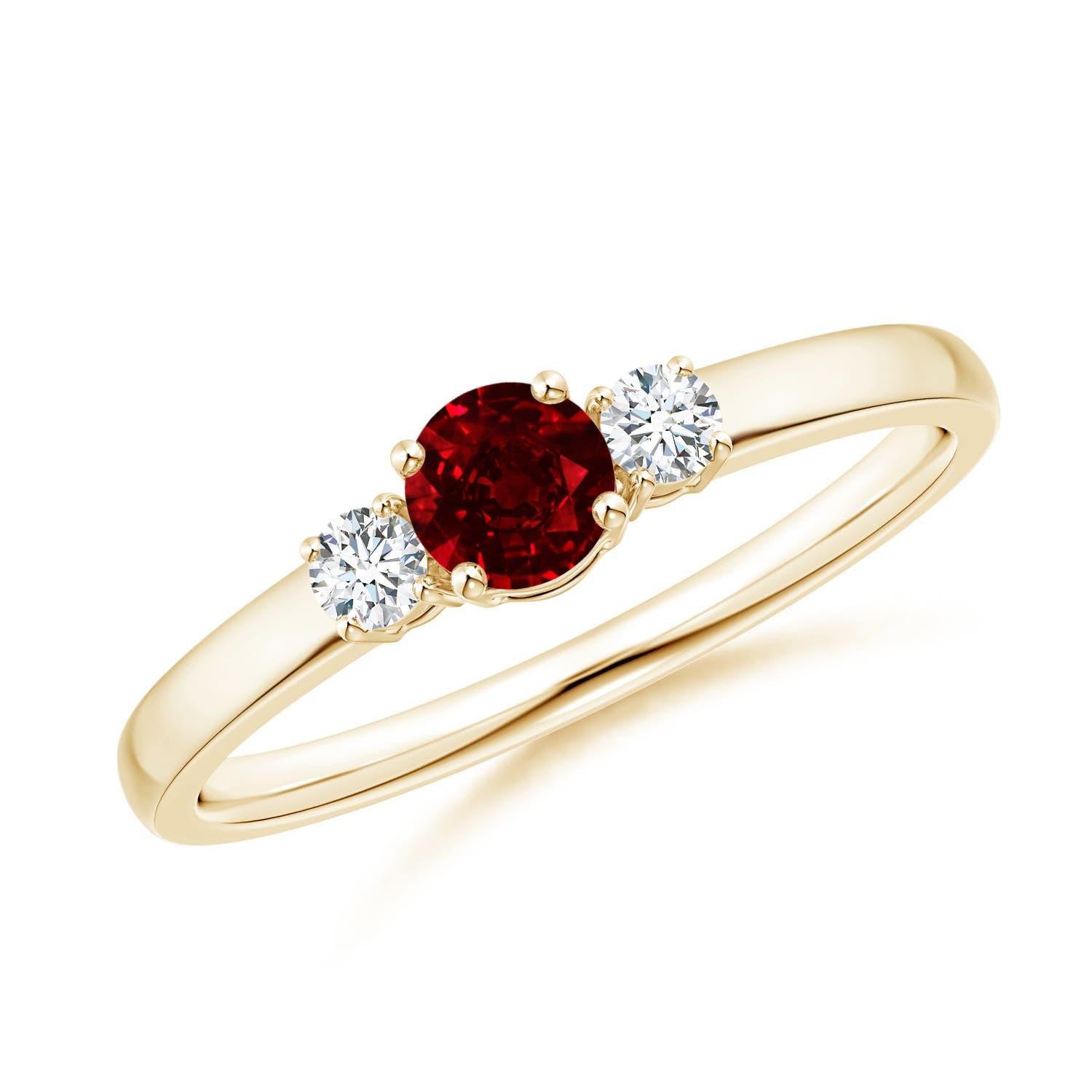 Angara Natural Ruby and Diamond Three Stone Engagement Ring in 14K Solid Gold For Sale 1