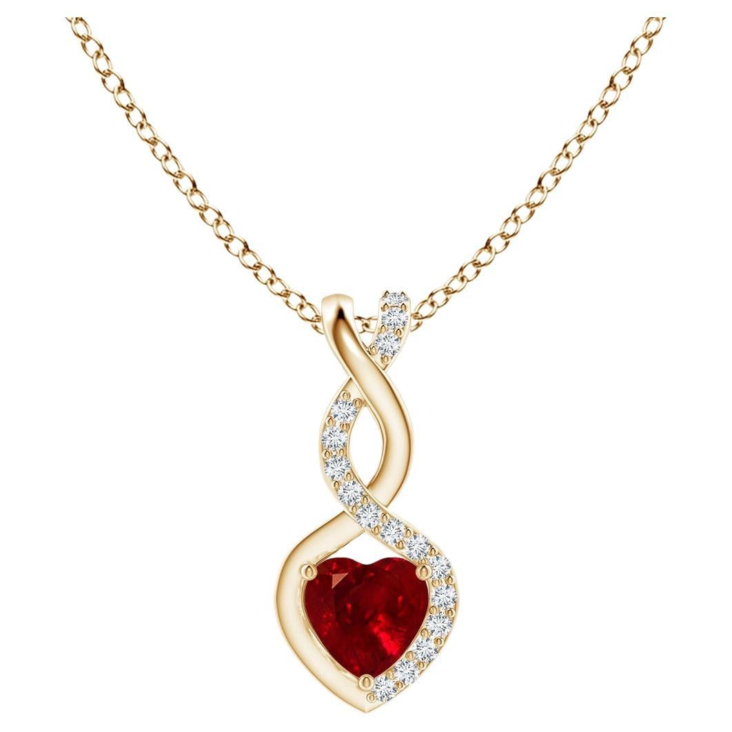 ANGARA Natural Ruby Infinity Heart Pendant with Diamond in Yellow Gold(4mm Ruby) For Sale