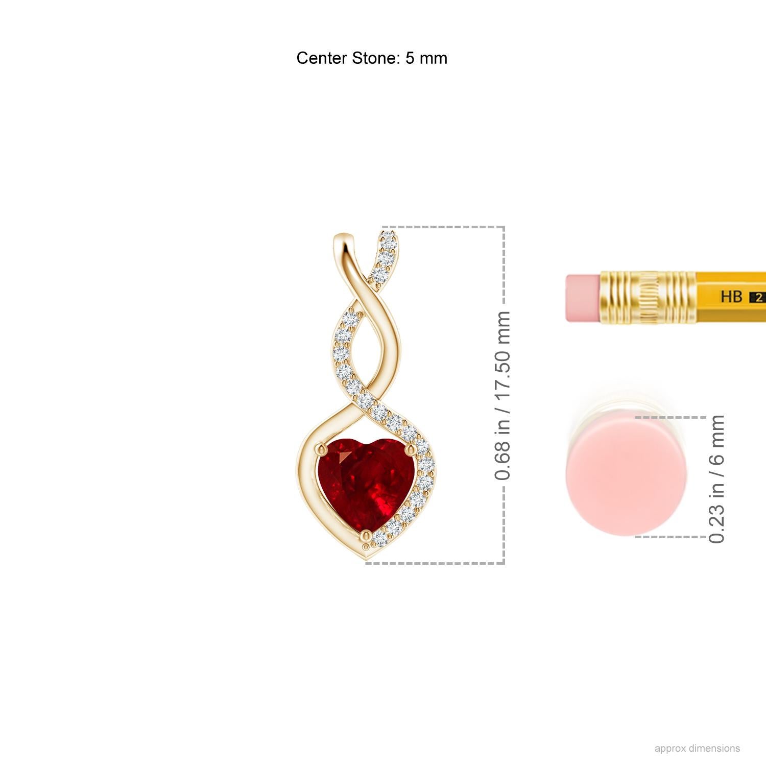 A diamond studded strip entwines with a lustrous metal strip to form an ornate infinity. Floating amid the graceful infinity is a heart-shaped bold red ruby in a prong setting. The sparkling diamonds infuse a captivating edge to this Yellow Gold