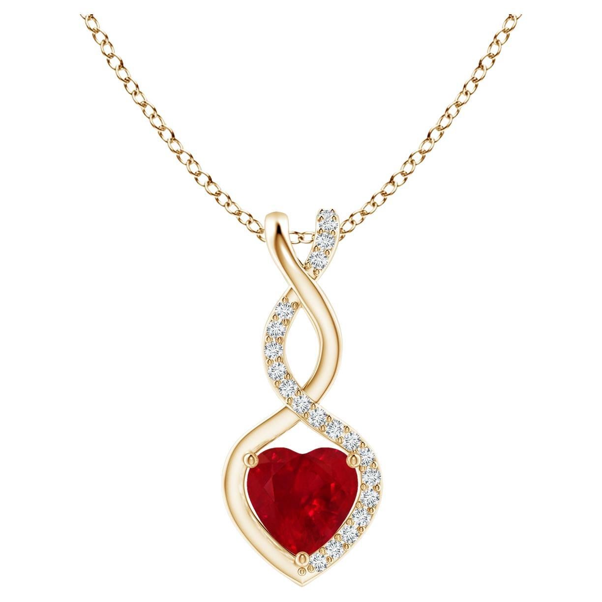 ANGARA Natural Ruby Infinity Heart Pendant with Diamond in Yellow Gold(5mm Ruby) For Sale