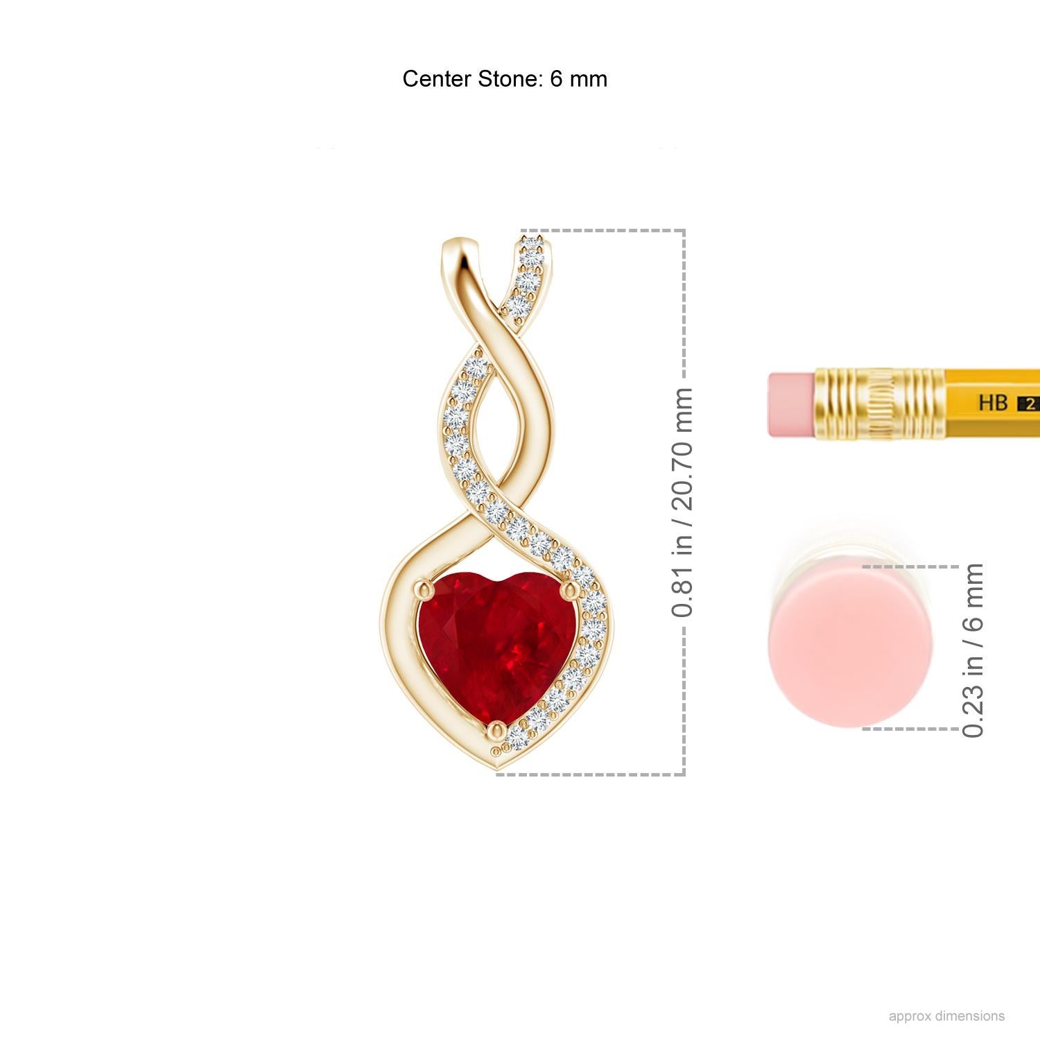 A diamond studded strip entwines with a lustrous metal strip to form an ornate infinity. Floating amid the graceful infinity is a heart-shaped bold red ruby in a prong setting. The sparkling diamonds infuse a captivating edge to this Yellow Gold