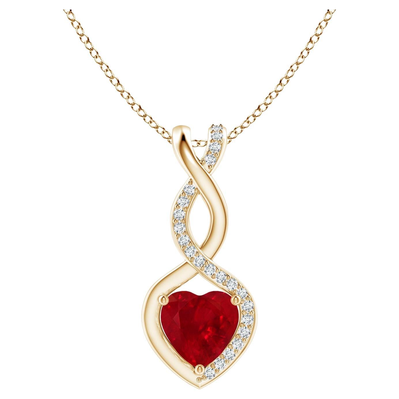 ANGARA Natural Ruby Infinity Heart Pendant with Diamond in Yellow Gold(6mm Ruby) For Sale